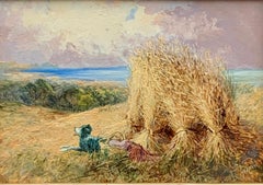 Antique English Harvest landscape with corn stacks, dog and view of the sea