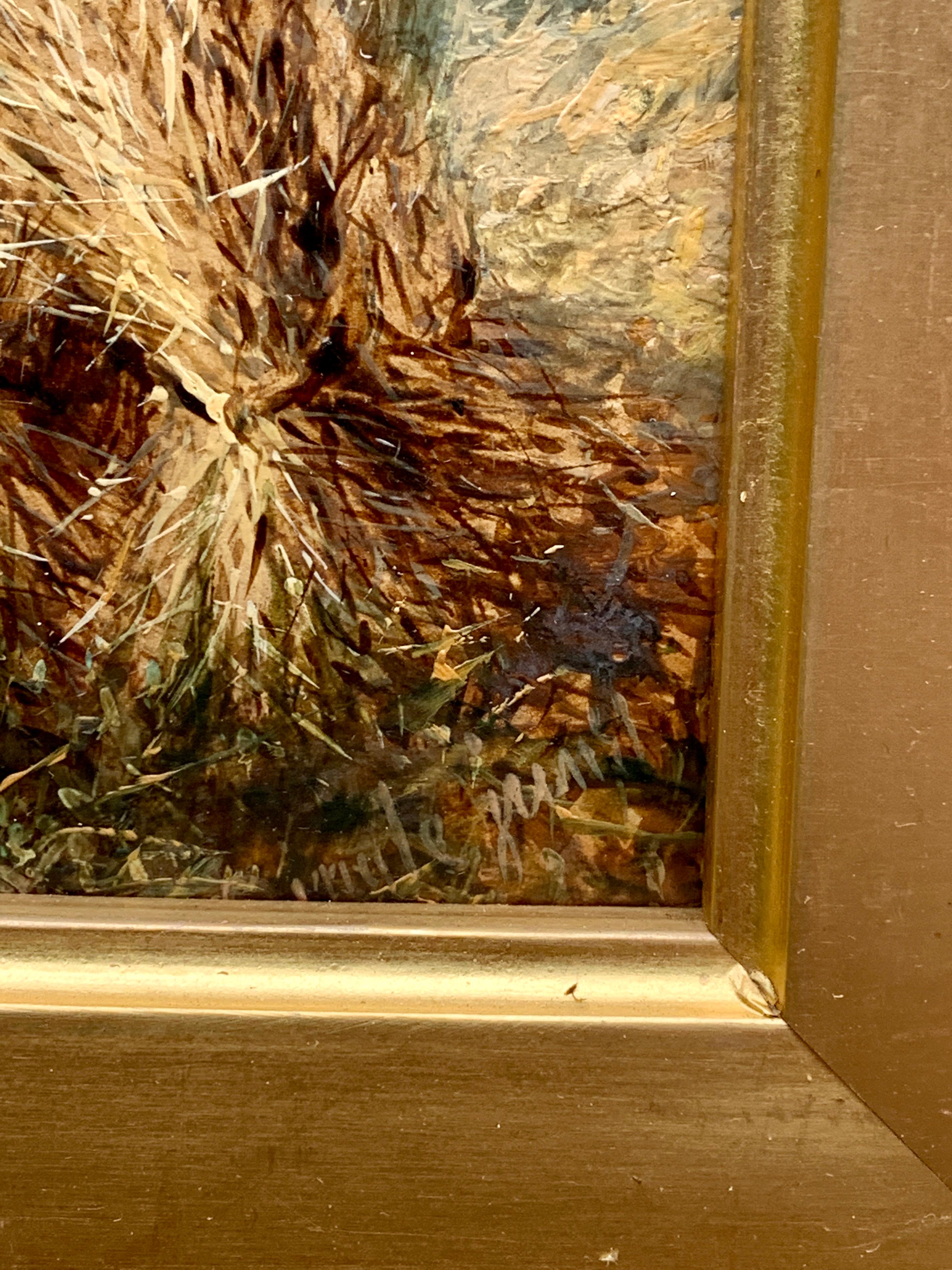 Paysage de moisson anglais ancien avec cornes empilées, chien et vue de la mer - Victorien Painting par Thomas Dingle Junior