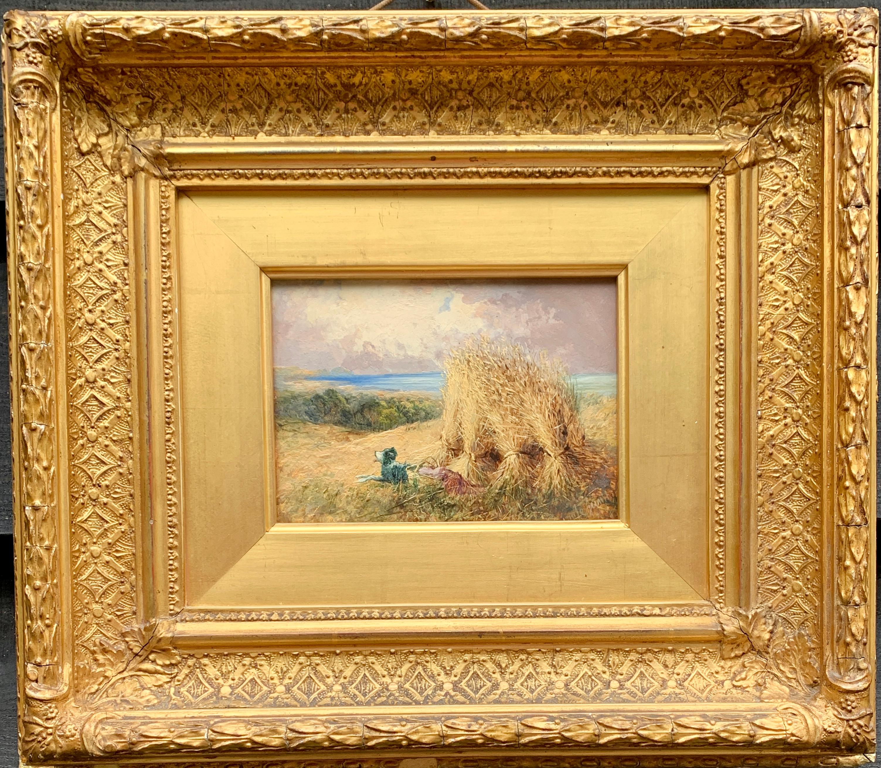Antique English Harvest landscape with corn stacks, dog and view of the sea