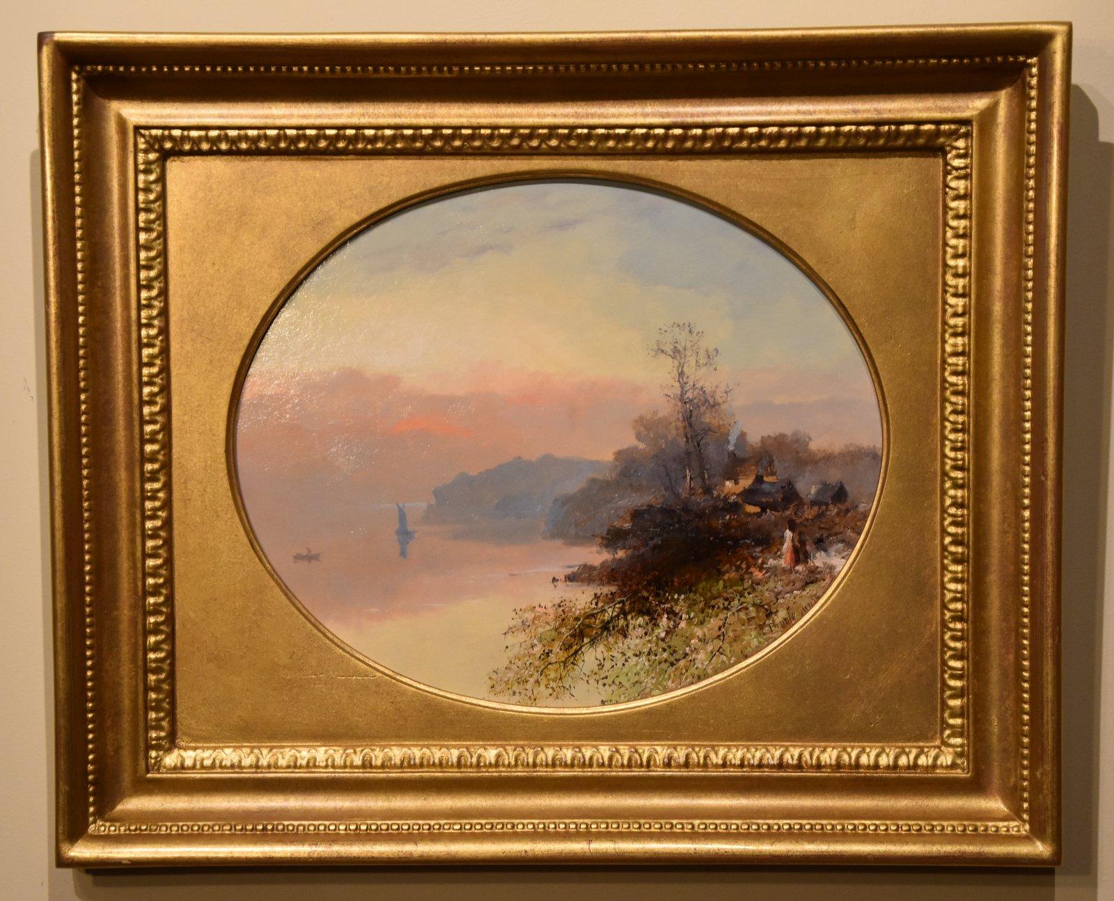 Oil Painting by Thomas Dingle Junior "Evening on The Coast" 1814 - 1919. Born in Lambeth but settled in Devon painting local views. He exhibited at the Royal society of British artists and in Bristol. Oil on board. Oval . Signed. 

Dimensions