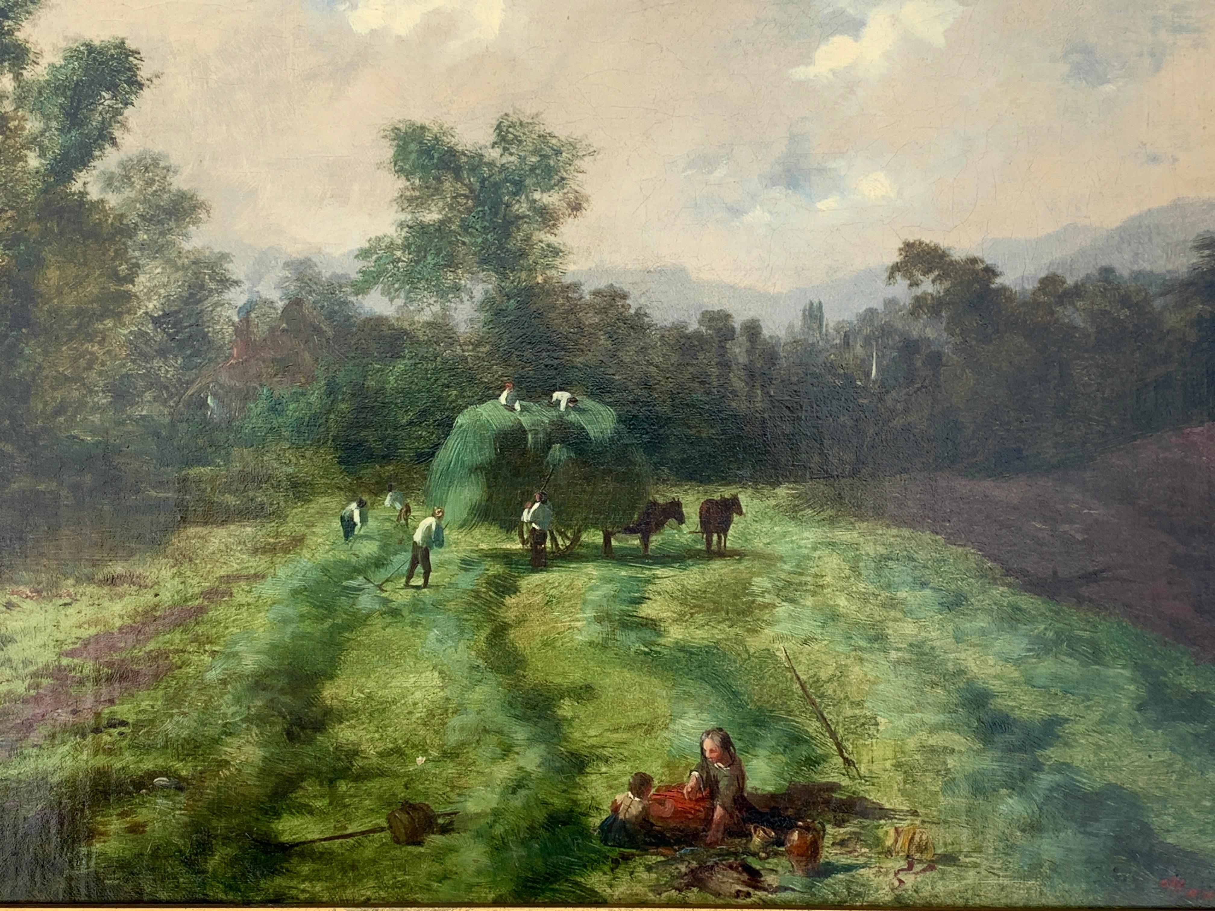 English Victorian 19th century Harvesting landscape with figures having lunch - Painting by Attributed to Thomas Dingle