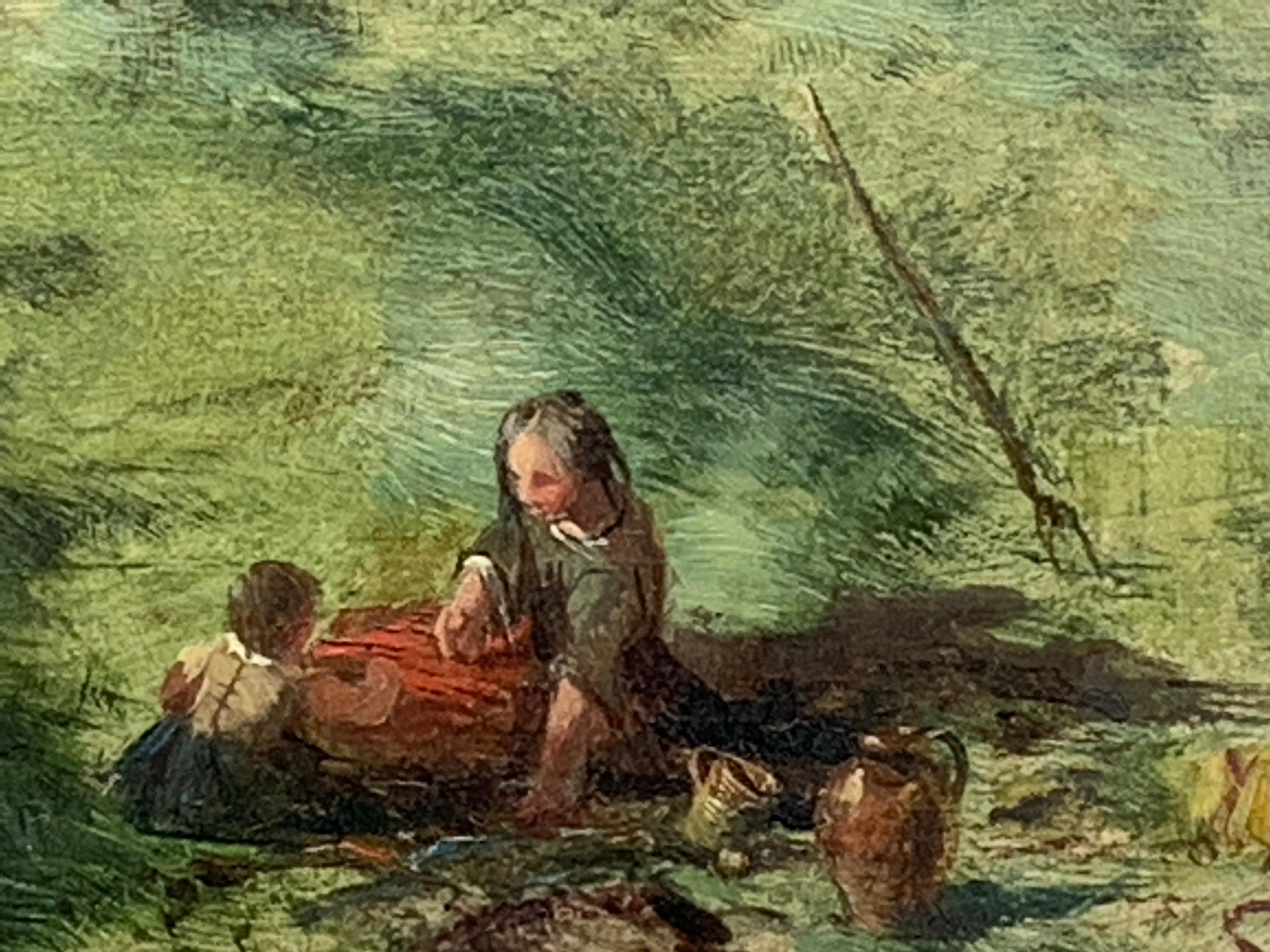 Paysage de moisson anglais victorien du 19ème siècle avec des personnages prenant leur déjeuner - Noir Figurative Painting par Attributed to Thomas Dingle