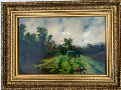 English Victorian 19th century Harvesting landscape with figures having lunch