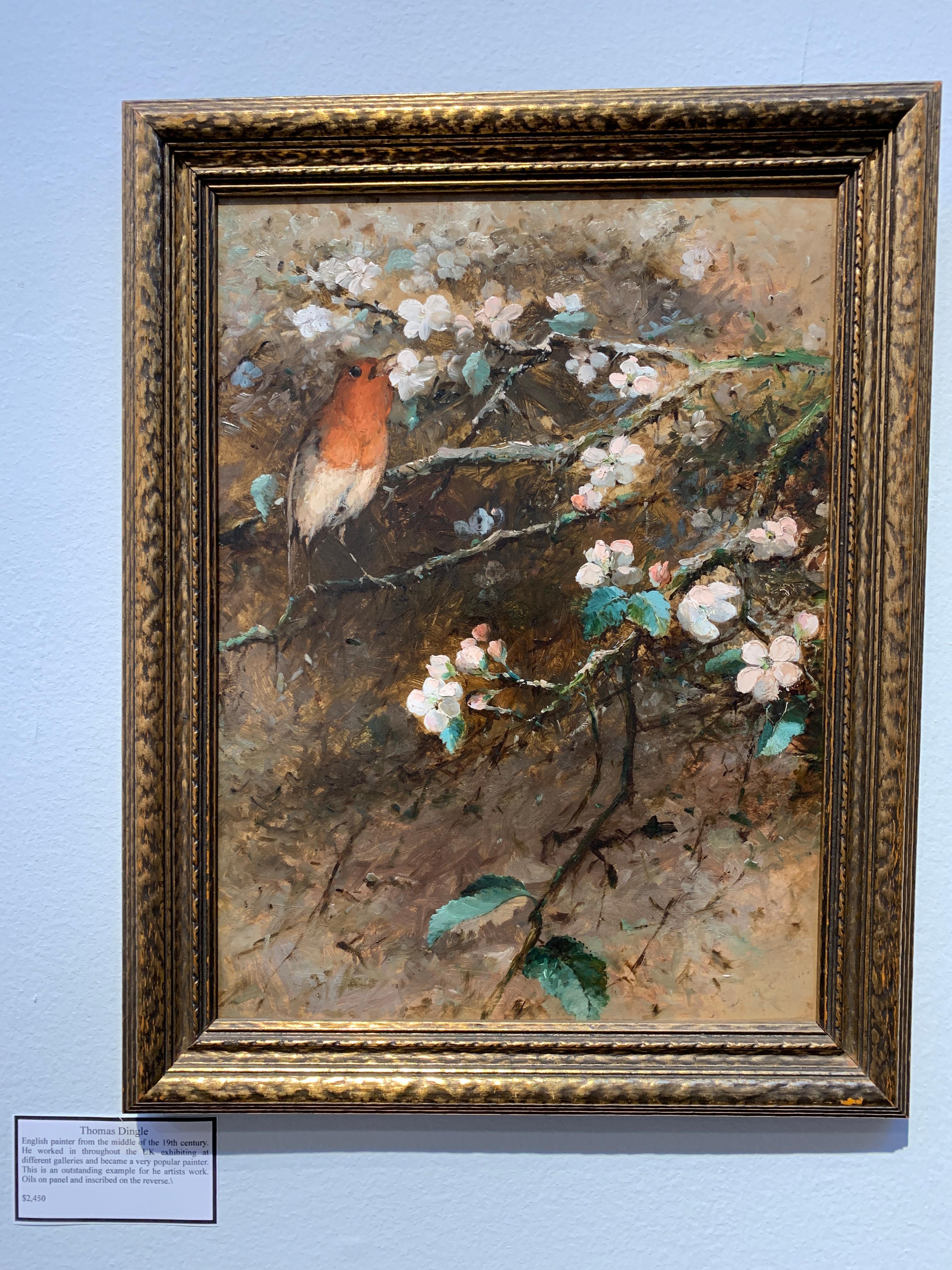 Thomas Dingle Sr. Figurative Painting - Victorian 19th century English Robin Bird on a Apple blossom branch