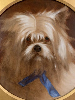 English Victorian 19th century oil portrait of a white terrier toy or lap dog
