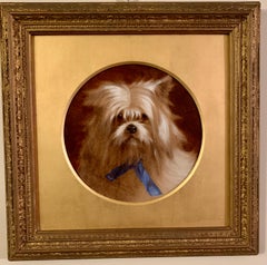 Antique English Victorian 19th century oil portrait of a white terrier toy or lap dog