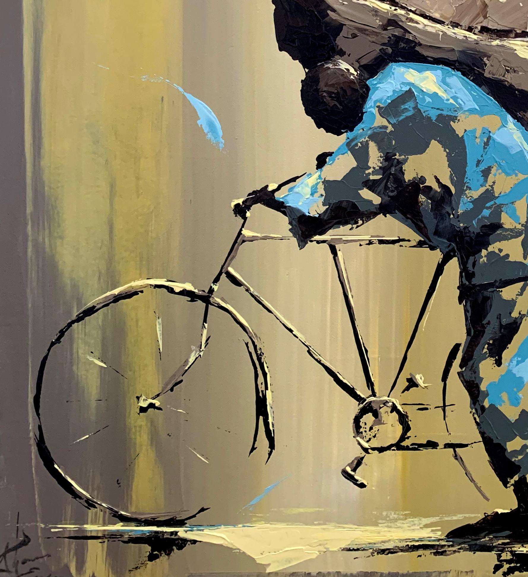 L'homme au vélo - Marron Figurative Painting par THOMAS EASLEY