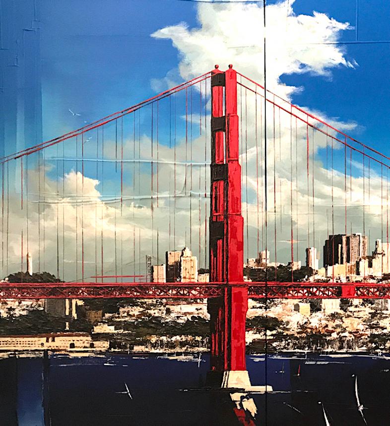 Thomas Easley - A Happy Day On The Golden Bay (Triptych), Painting 2017 - Blue Landscape Painting by THOMAS EASLEY