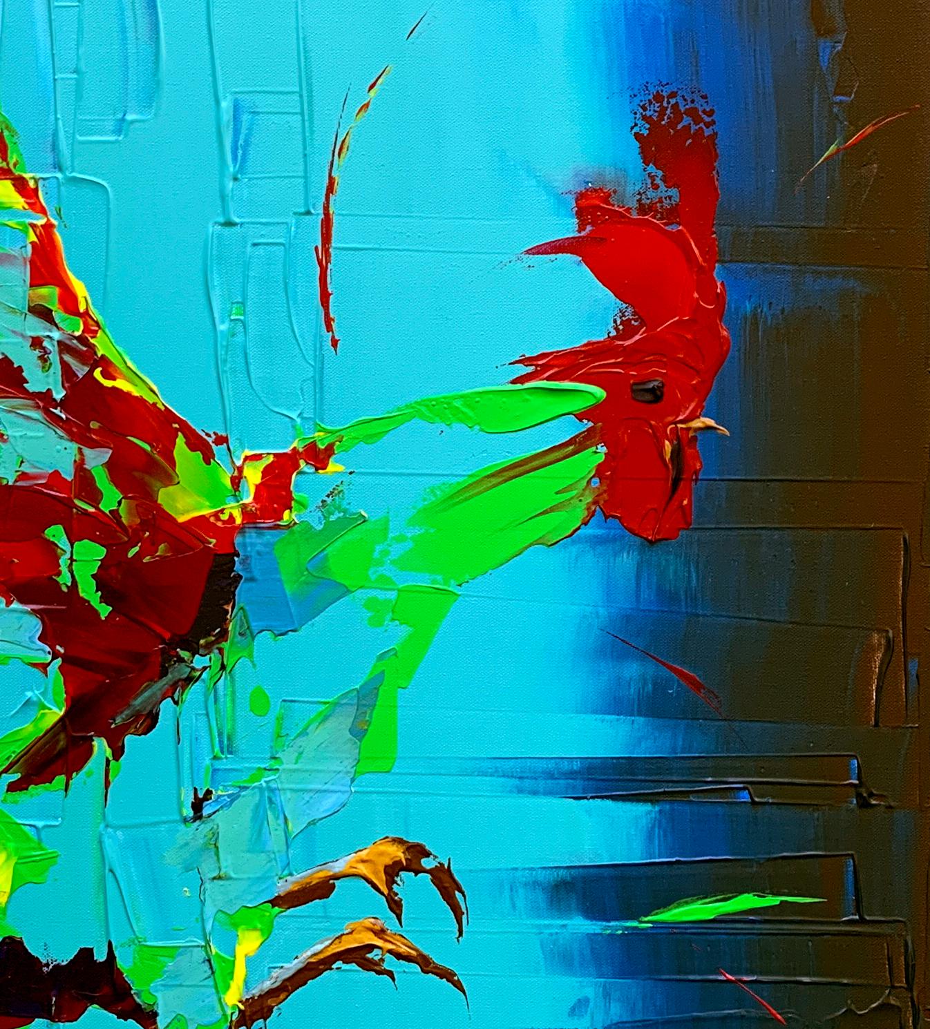 This dynamic painting of an abstract rooster bursts with vibrant colors and movement. Against a tonal blue backdrop, a rooster comes to life in vivid red, green, and yellow hues. The rooster appears to be leaping across the canvas from left to