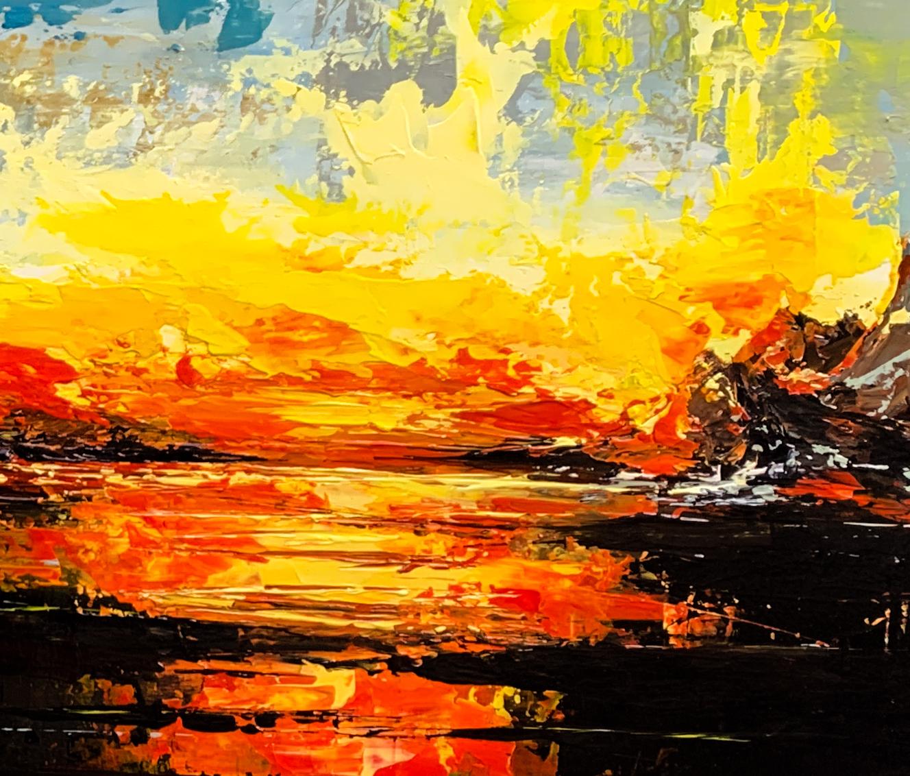 In this painting reminiscent of the works of J.M.W. Turner, the sun descends on the horizon, casting a mesmerizing fiery reflection upon the serene lake. The mountains encircling the water are transformed into vibrant hues of red as they catch the
