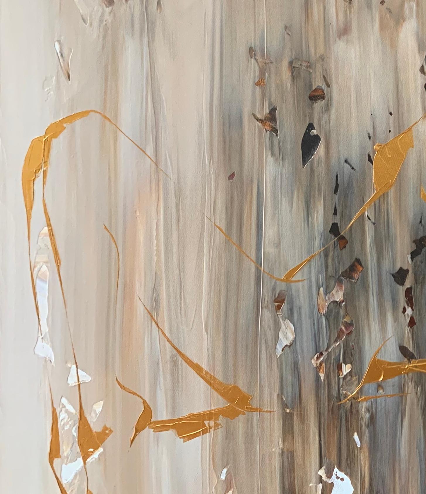 A female nude is seen half-sitting, half-reclining, breasts raised, head flung back, the weight of her torso resting on her hands that extend behind her shoulders. Bathed in gold, her knees drawn, feet extended, she appears as an inverted W. Her
