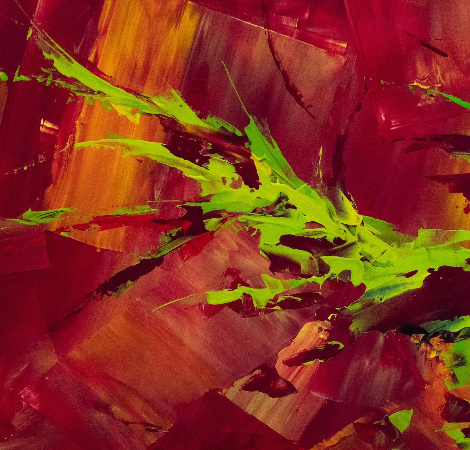 Nine miles an hour – that’s the top speed of a rooster in a rush. This rooster is one of Thomas Easley’s more abstract depictions, but he is still unmistakable. You can see his out-of-time wings flapping over his head, and sickle whirling behind
