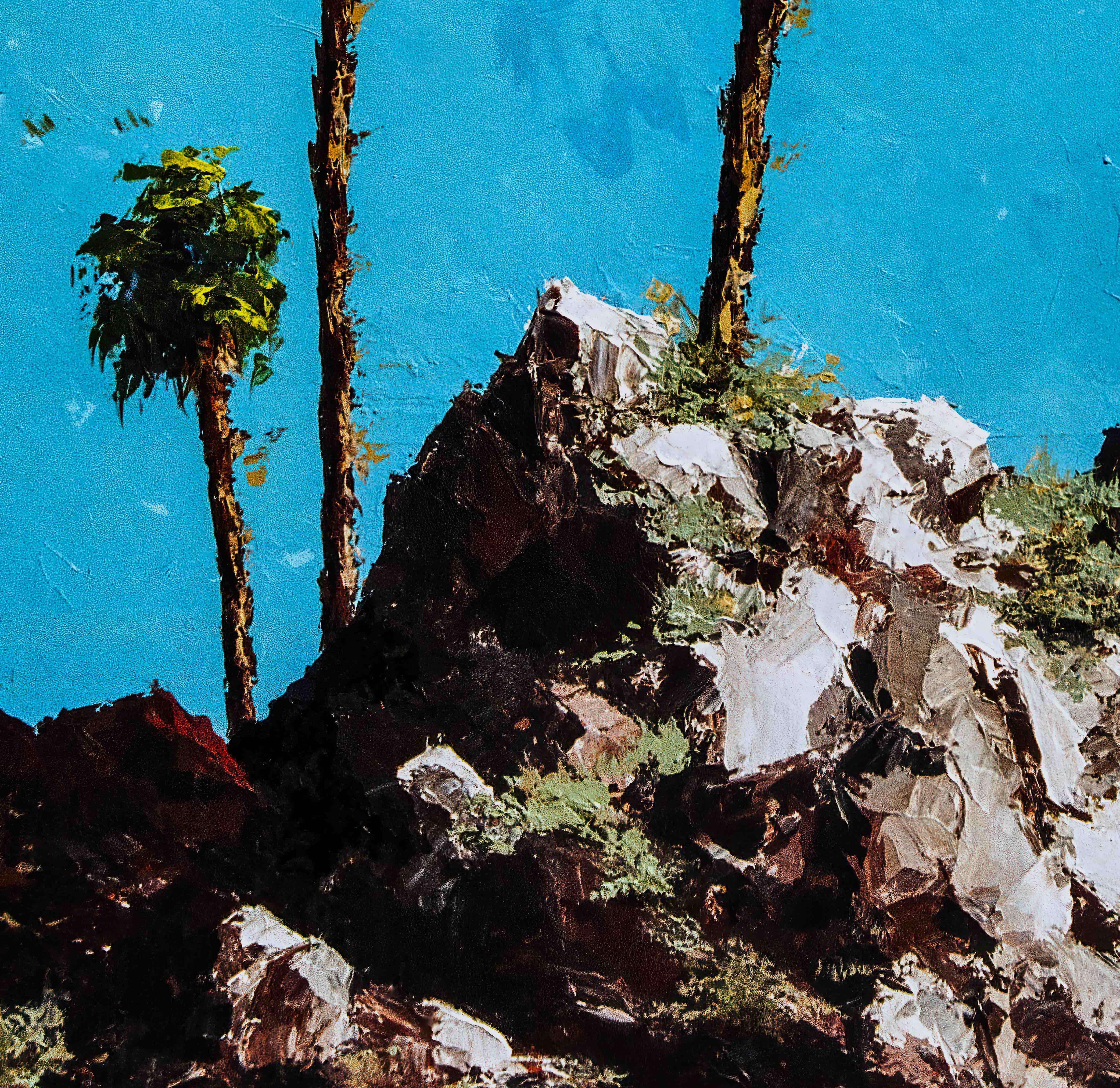 In this minimalistic painting, three majestic palm trees emerge from behind rugged rocks against an azure sky. The viewer’s perspective from the ground looking up, creates a sense of mystery about what lies beyond the palm trees. With no beach,