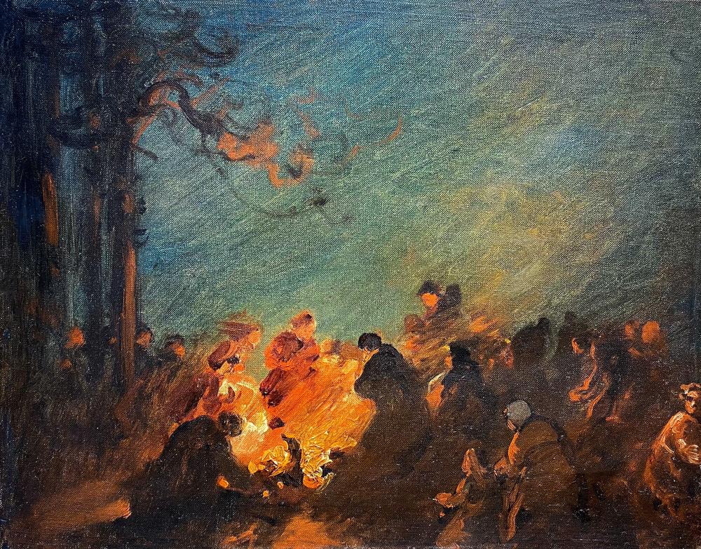 Thomas Edward Mostyn Landscape Painting – The Campfire, Ölgemälde des 19. Jahrhunderts, englisch, signiert