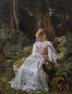 19th Century portrait oil painting of a woman sat next to a woodland pool