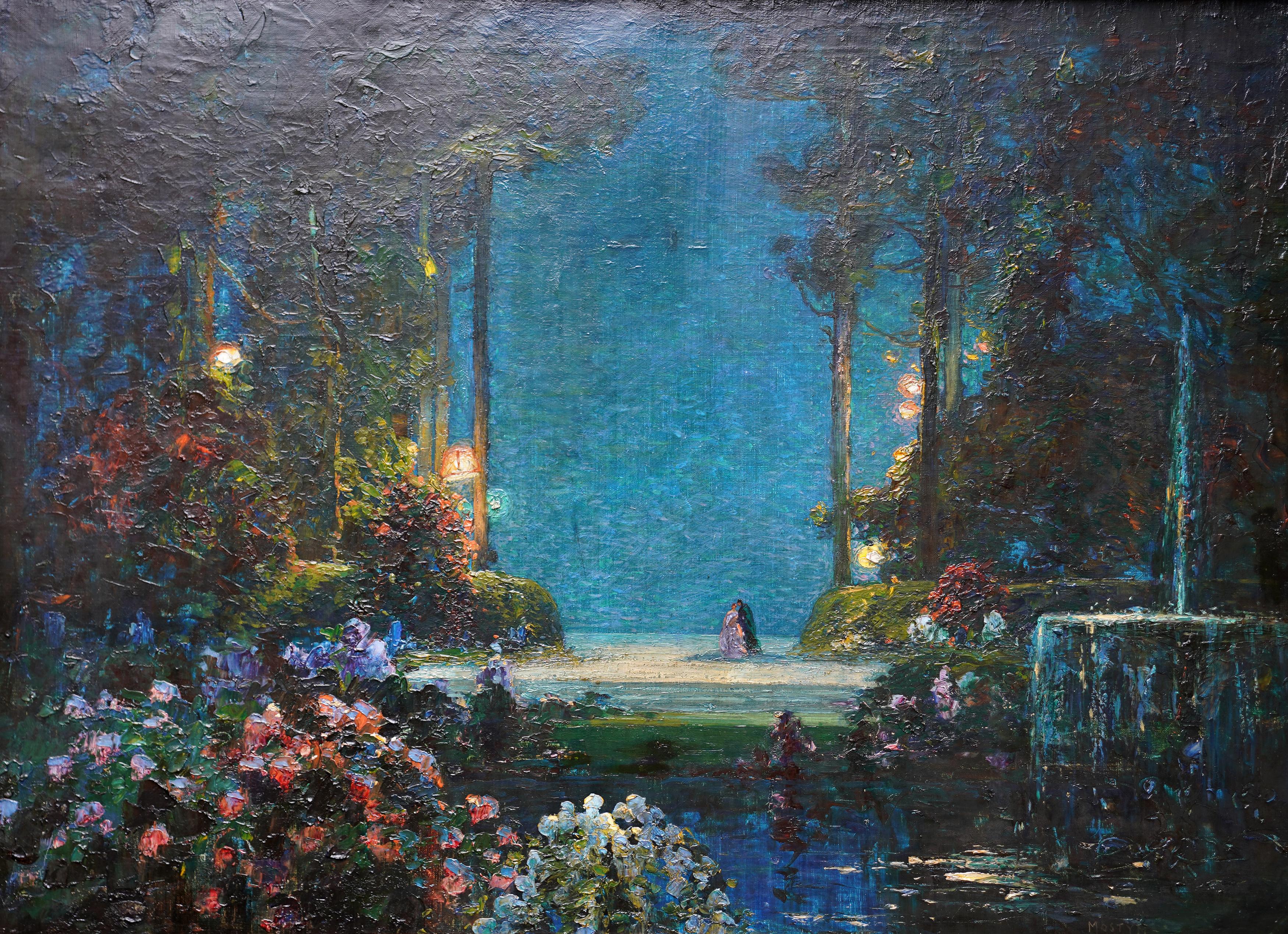 A Romantic Garden Landscape - British Edwardian Impressionist art oil painting - Painting by Thomas Edwin Mostyn