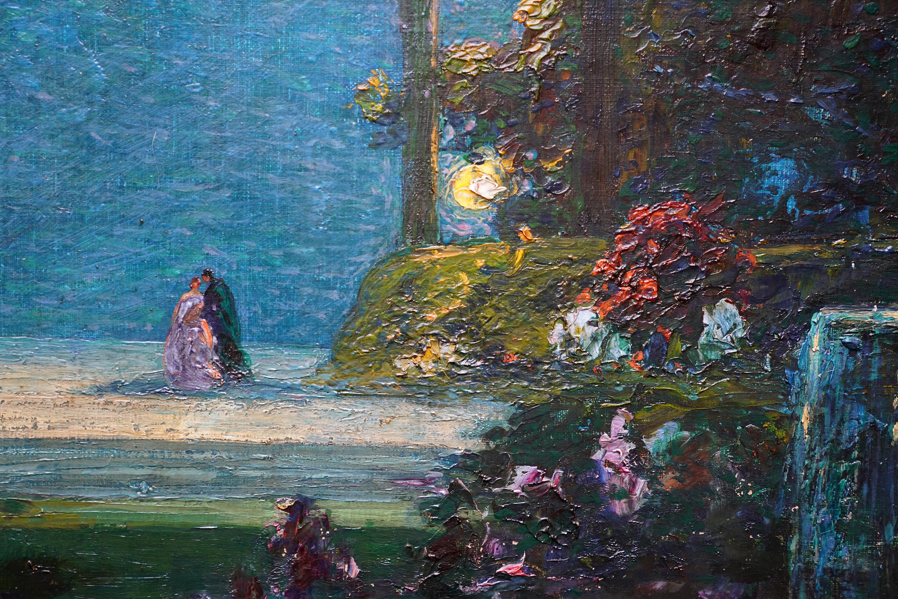 This lovely British Edwardian oil painting is by listed artist Tom Mostyn ROI. Painted circa 1910, it depicts a garden, bathed in light and shadow with superb brushwork and heavy impasto. A really charming painting for garden lovers and an excellent