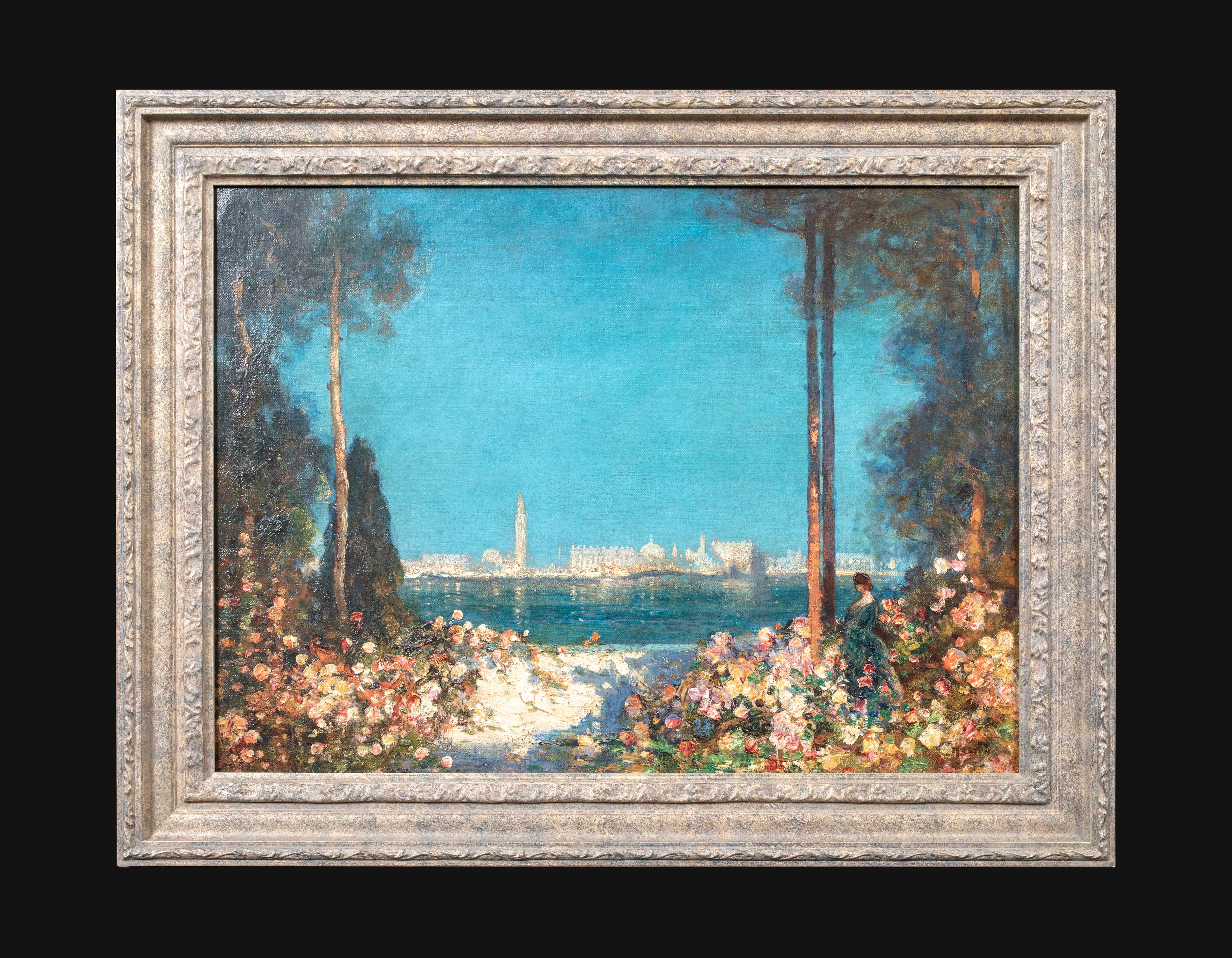 Un jardin enchanté, Venise à distance, 19e siècle Thomas Edwin MOSTYN - Gris Landscape Painting par Thomas Edwin Mostyn