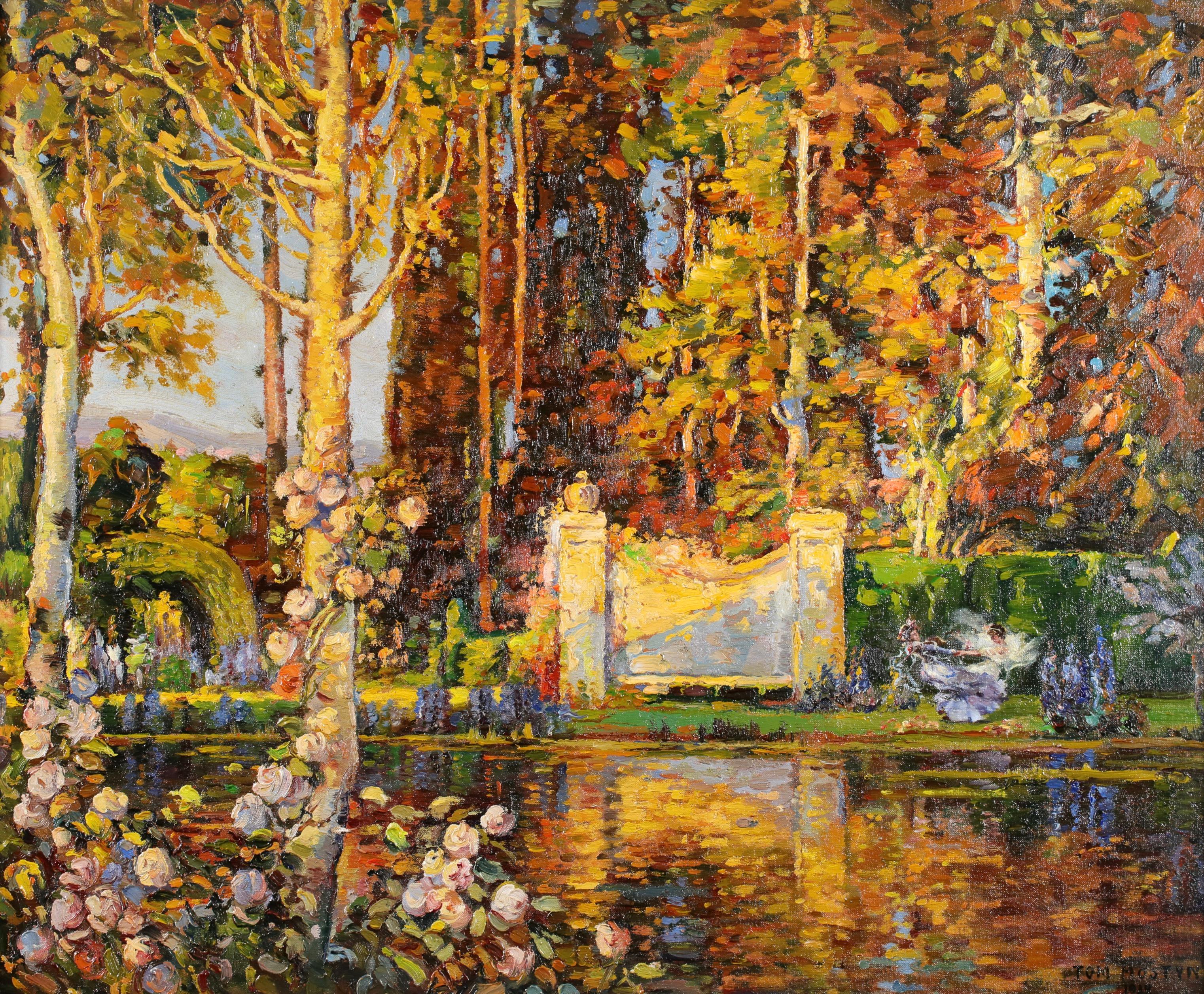 Bailando junto al lago - Figuras románticas en paisaje Óleo de Thomas Edwin Mostyn en venta 1