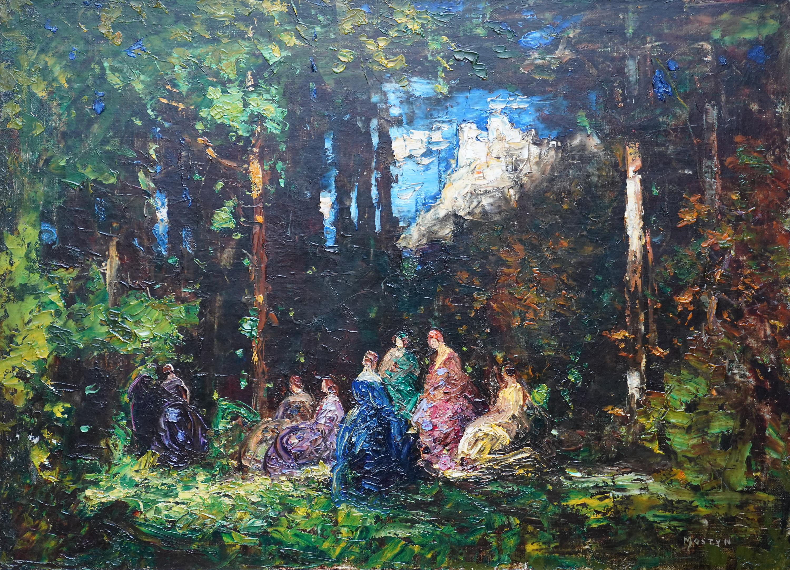Elegant Ladies in a Woodland Clearing - British Edwardian landscape oil painting 2
