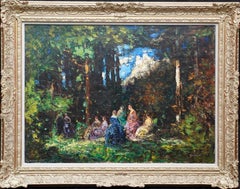 Elegant Ladies in a Woodland Clearing - British Edwardian landscape oil painting