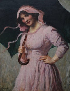 Lady in pink - British Edwardian art Impressionist portrait oil painting girl
