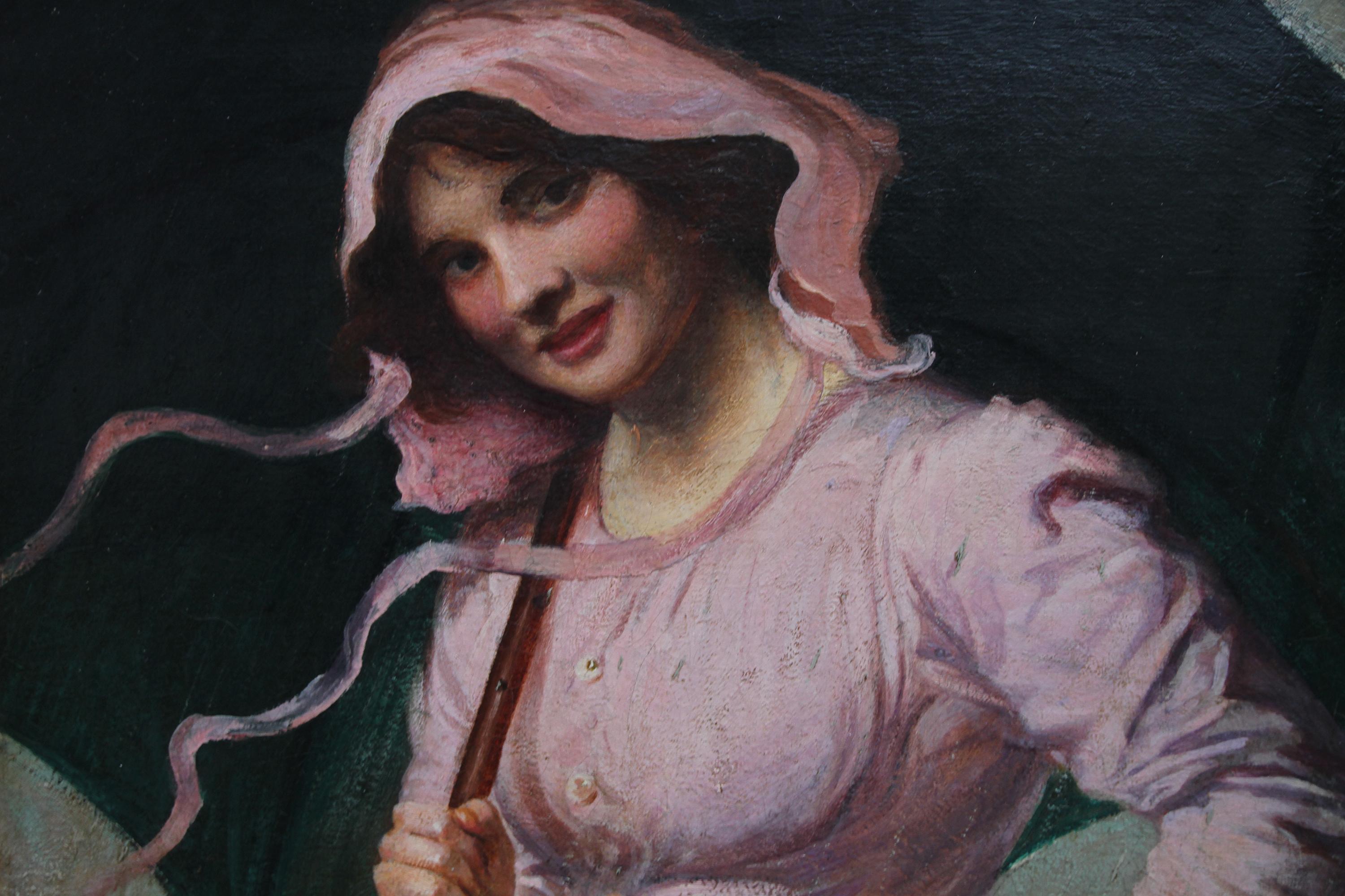 A lovely portrait oil painting by British listed artist Tom Mostyn ROI. Painted circa 1910 it depicts a beautiful smiling young woman in a pink dress holding an umbrella. A glorious portrait by a noted British Impressionist of the day. This is a