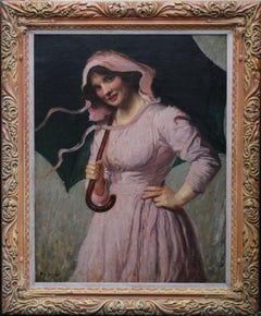 Antique Lady in pink - British Edwardian art Impressionist portrait oil painting girl 