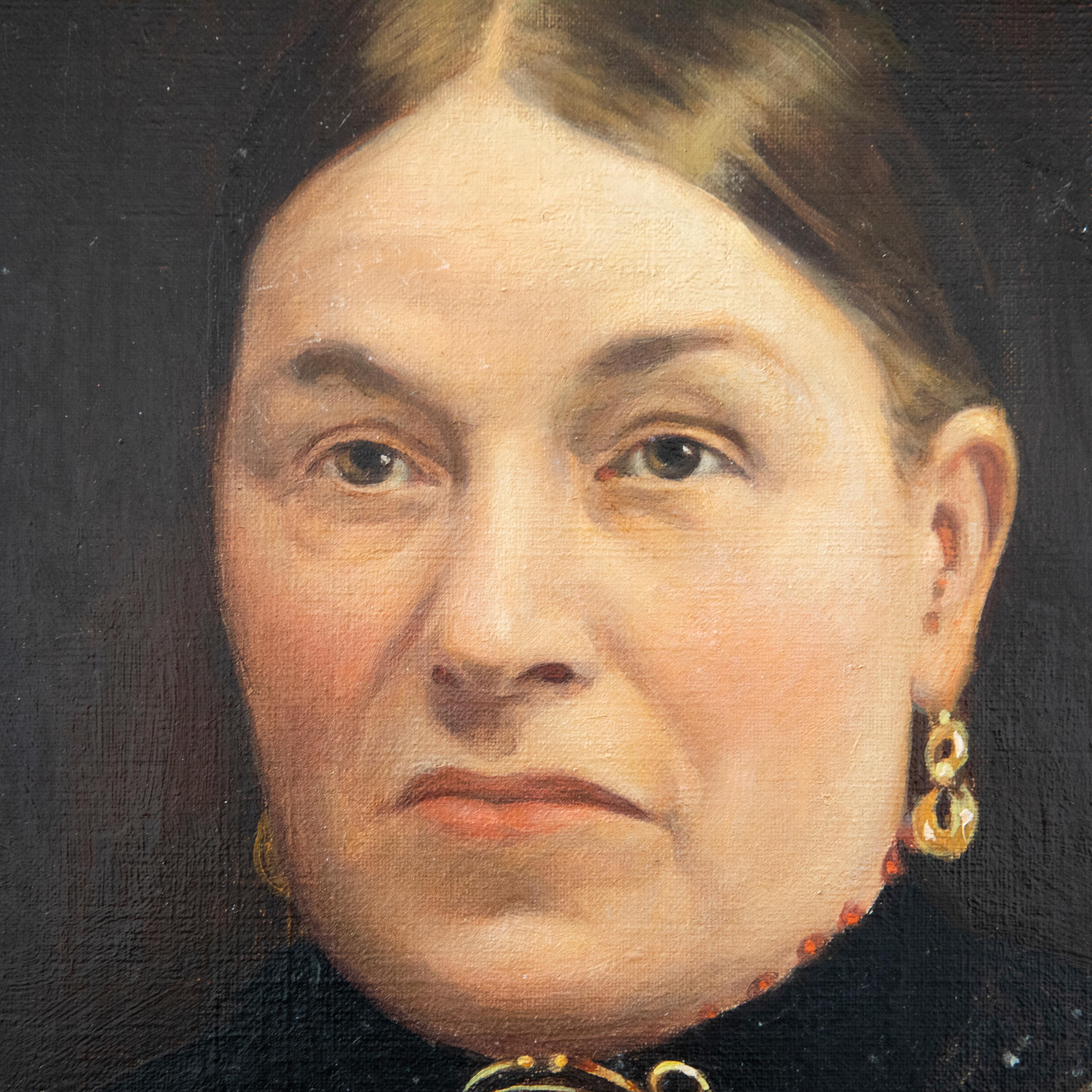 Thomas Edwin Mostyn (1864-1930) - Oil Portrait, Victorian Lady with Ruby Brooch For Sale 3
