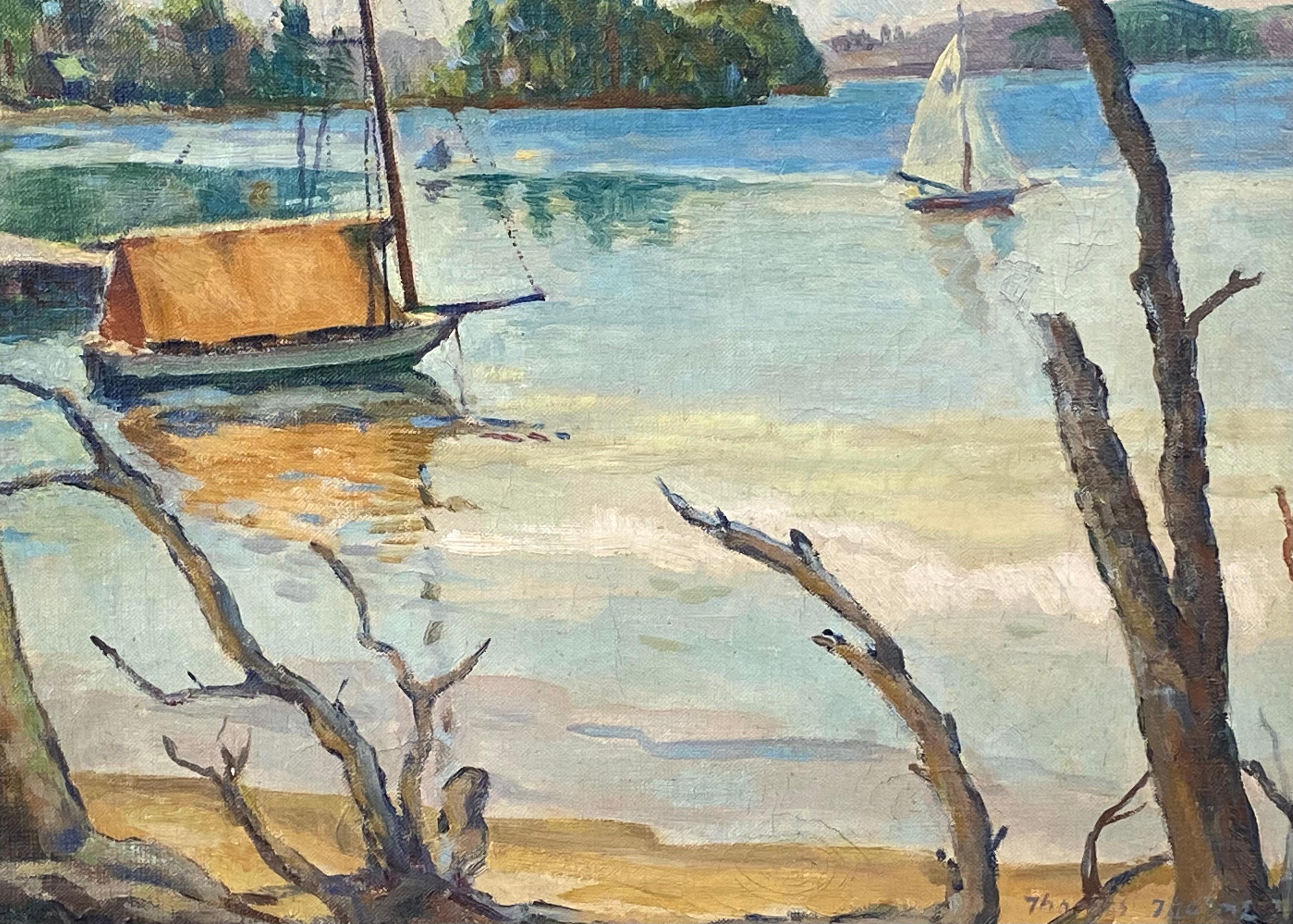 Here for your consideration is an early original oil on canvas painting of boats on Sebago Lake in Maine by the American artist, Thomas Elston Thorne. Signed lower right and dated 1932. Titled and dated verso. Condition is very good. The artwork is