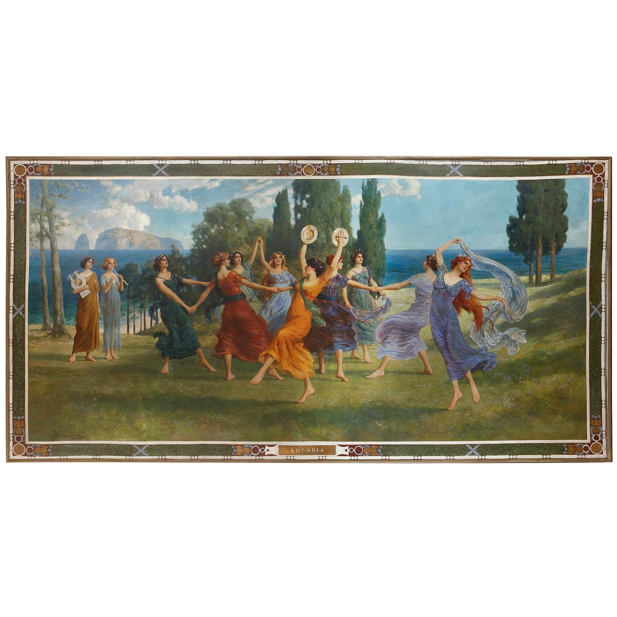 Landscape Painting Thomas Eyre Macklin - Arcadia, une très grande peinture néoclassique britannique Arts & Crafts