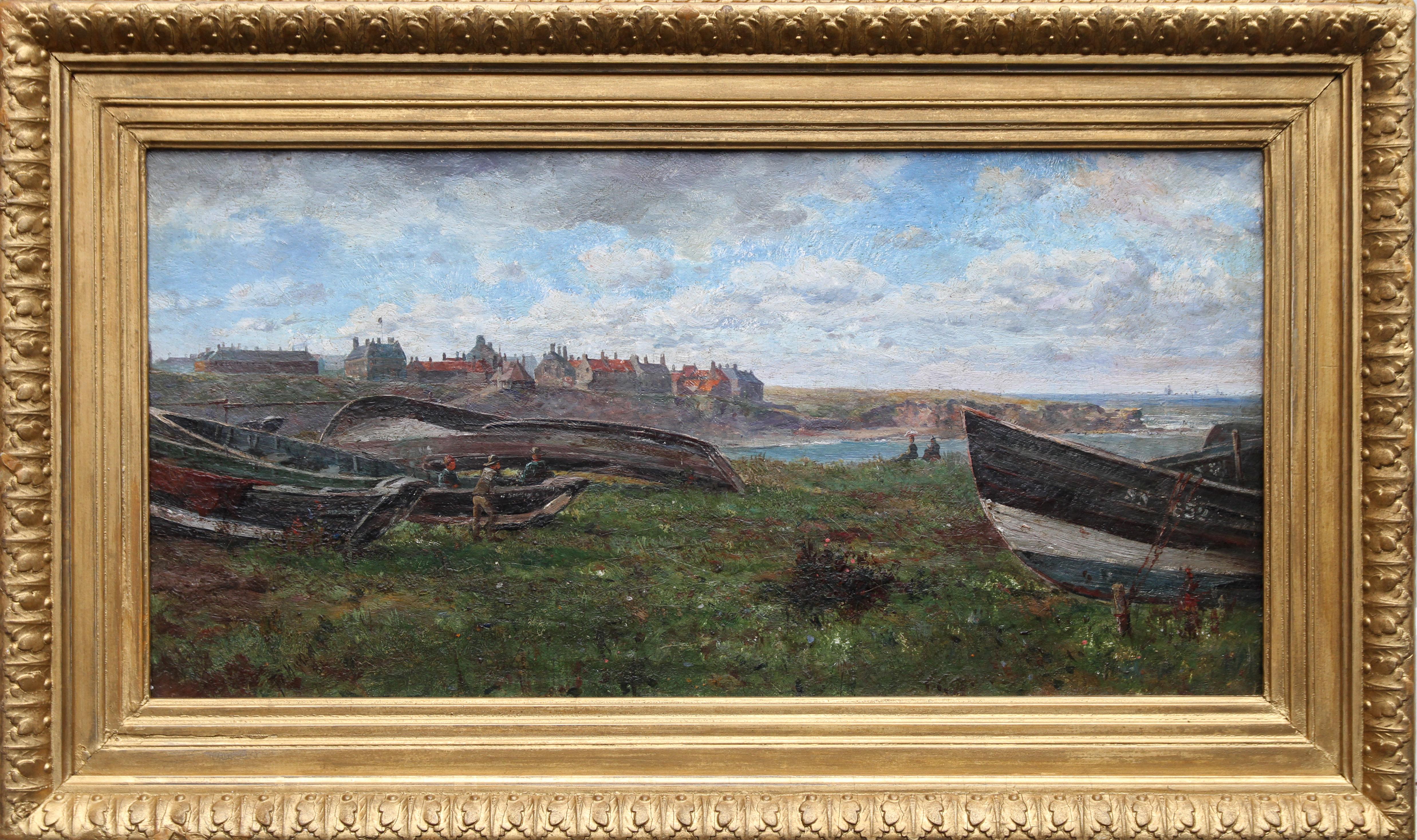 Coastal Landscape - British Victorian art marine oil painting France boats For Sale 7