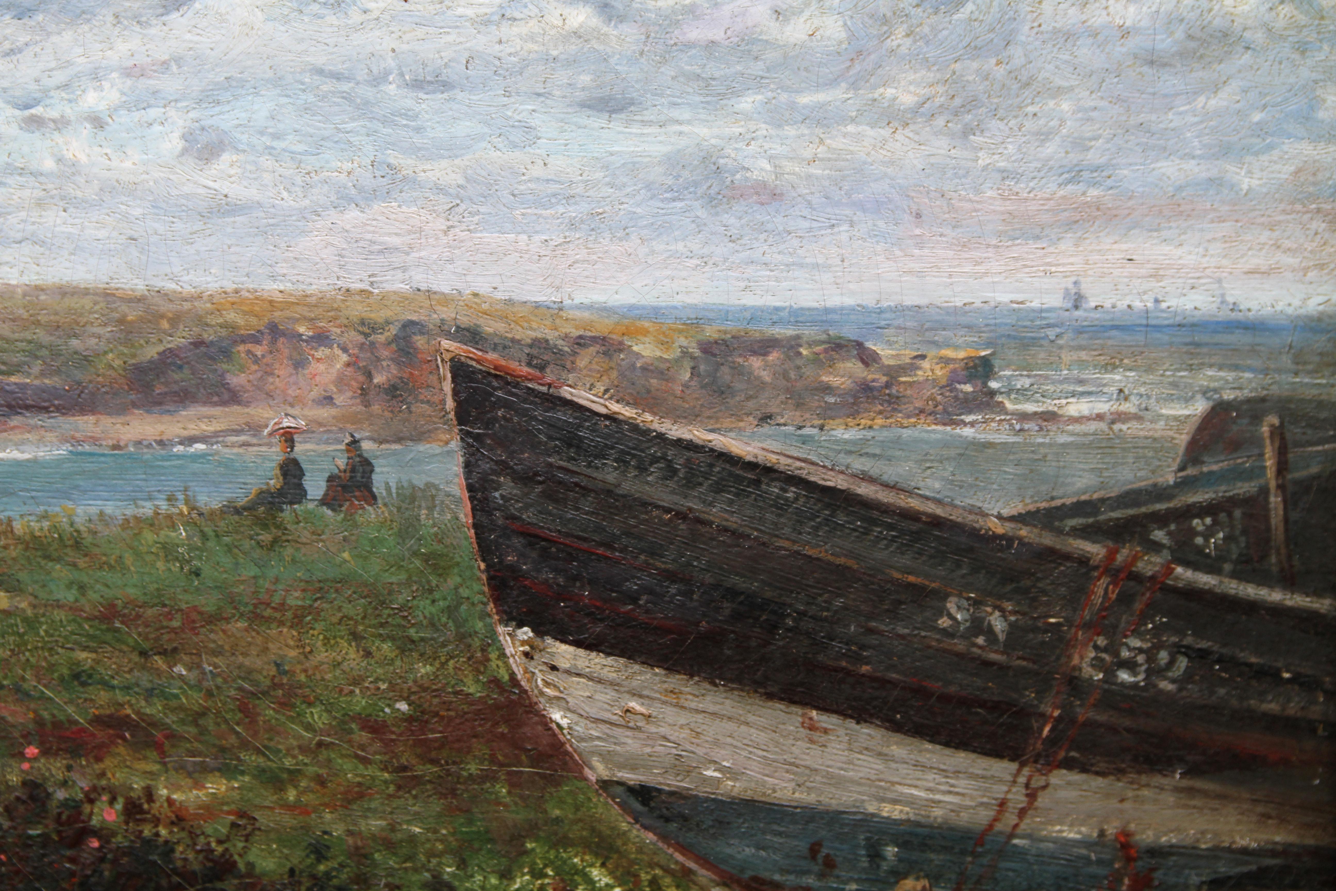 Coastal Landscape - British Victorian art marine oil painting France boats For Sale 1