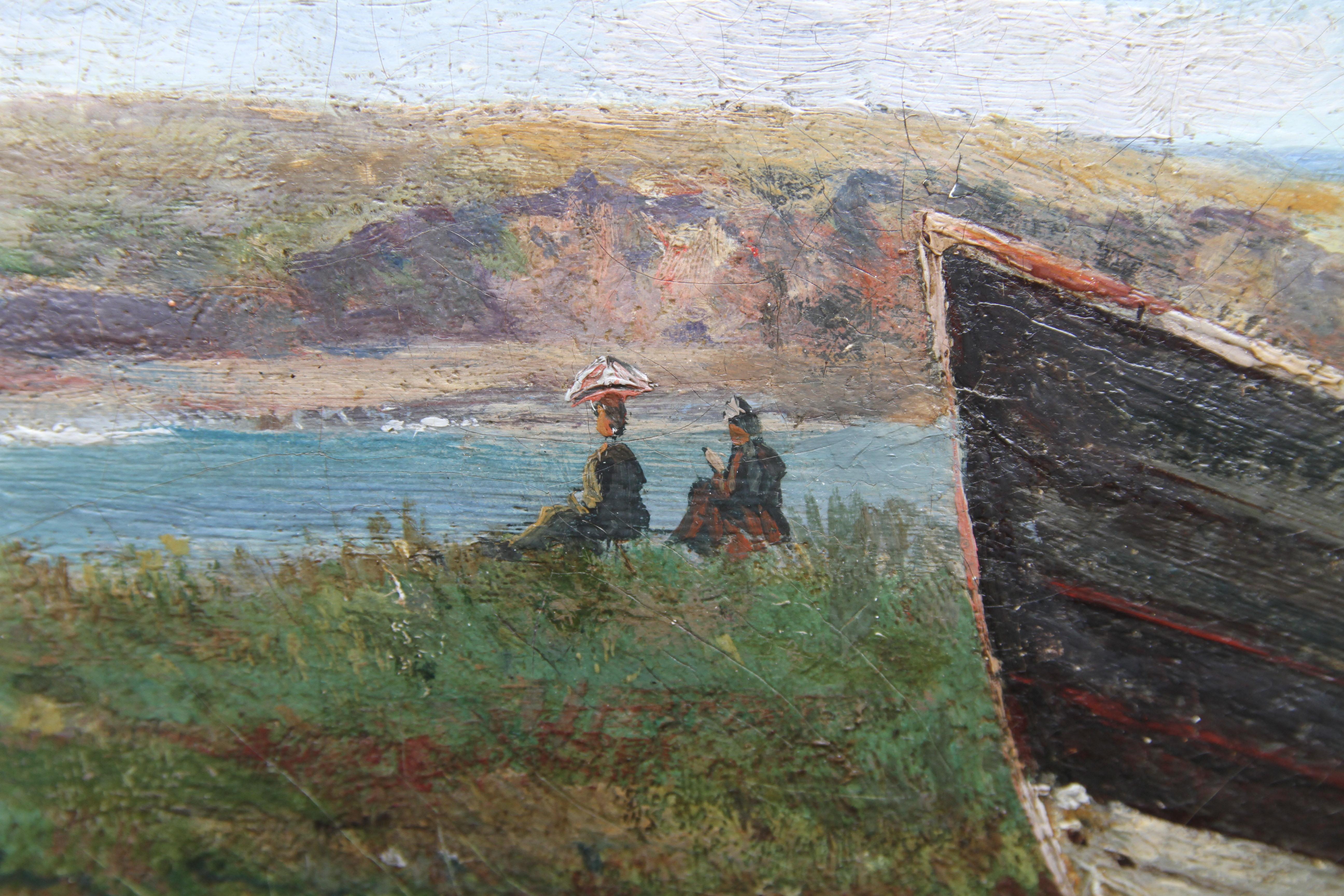 Coastal Landscape - British Victorian art marine oil painting France boats For Sale 2