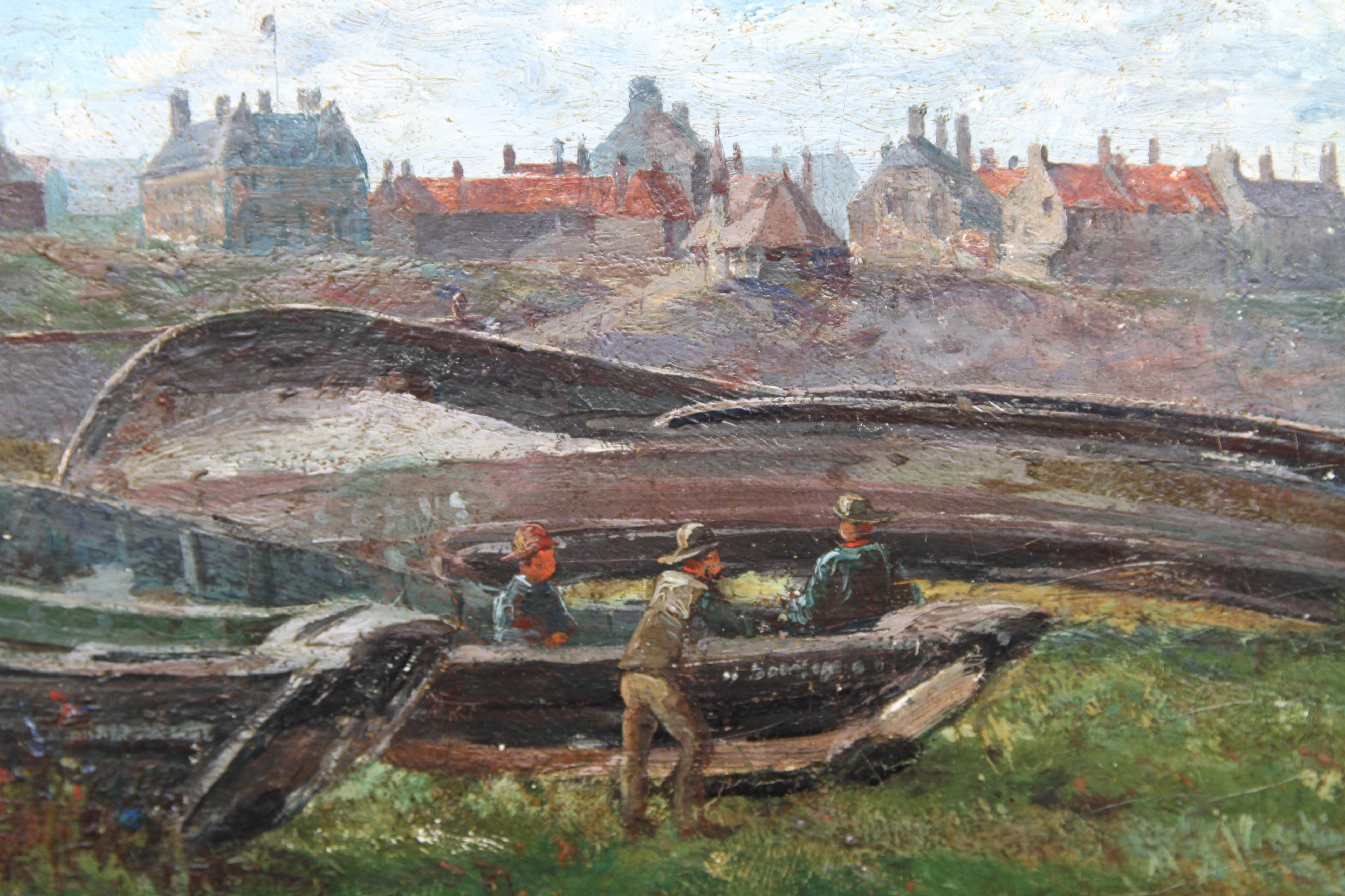 Coastal Landscape - British Victorian art marine oil painting France boats For Sale 3