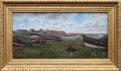 Artist at Harbour - British Victorian art oil painting northeast coast landscape