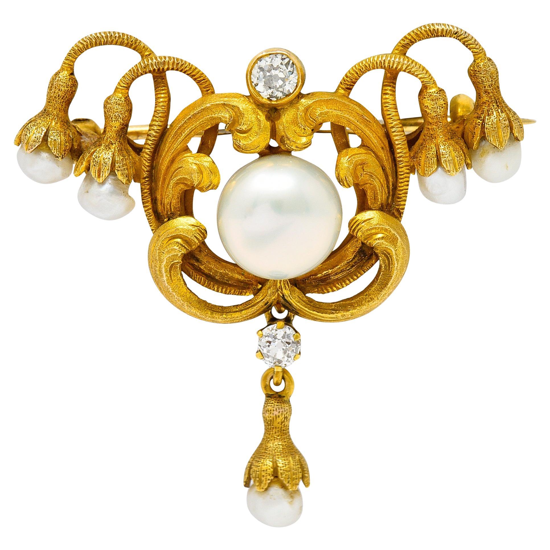 Thomas F. Brogan Co. Art Nouveau Diamond Pearl 14 Karat Yellow Gold Brooch