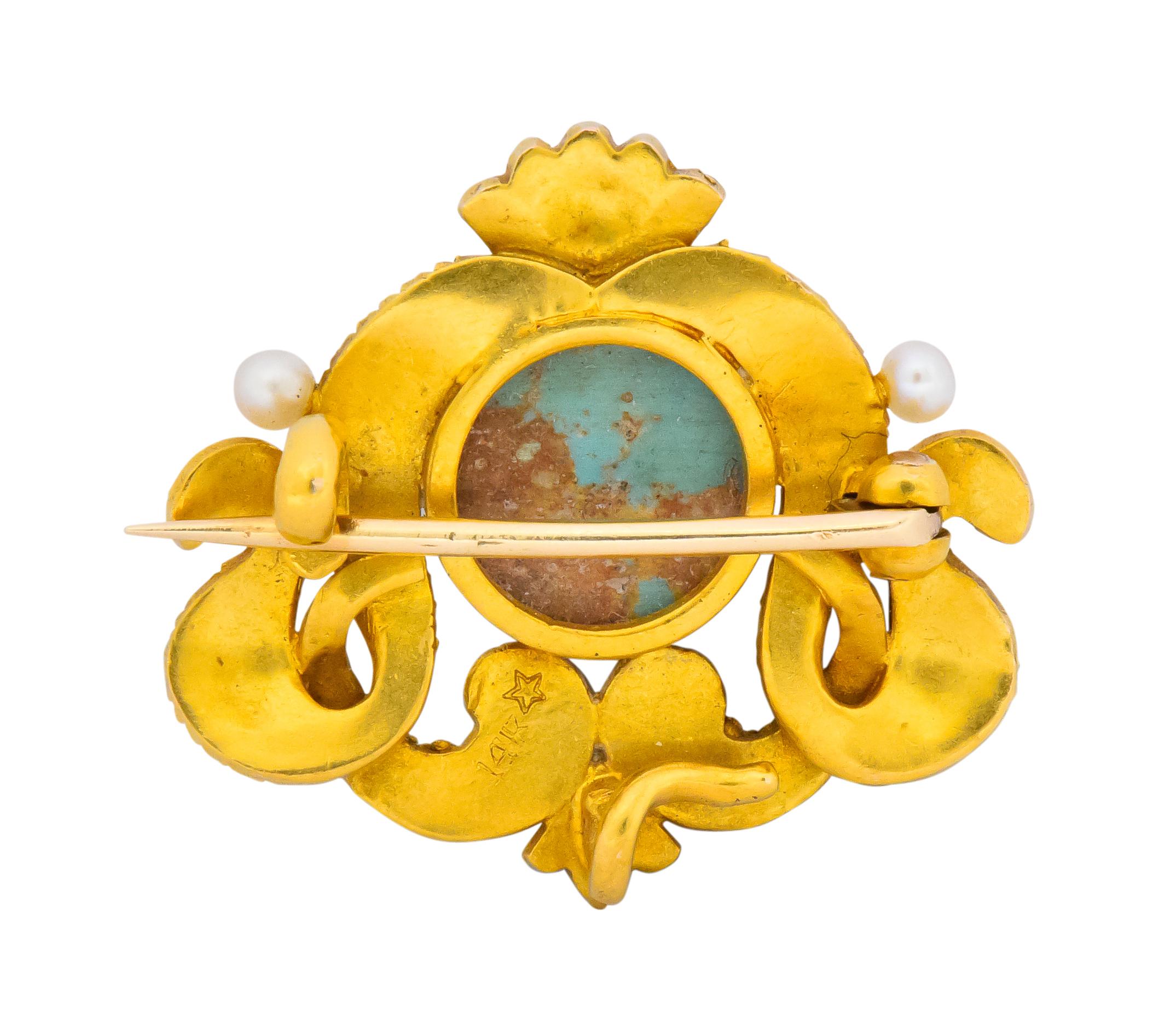 Thomas F. Brogan & Co. Victorian Turquoise Pearl 14 Karat Gold Serpent Brooch In Excellent Condition In Philadelphia, PA