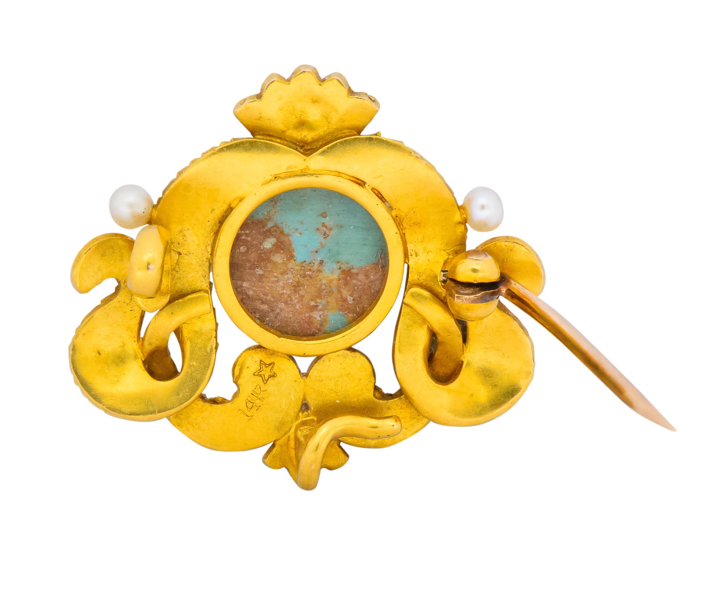 Women's or Men's Thomas F. Brogan & Co. Victorian Turquoise Pearl 14 Karat Gold Serpent Brooch