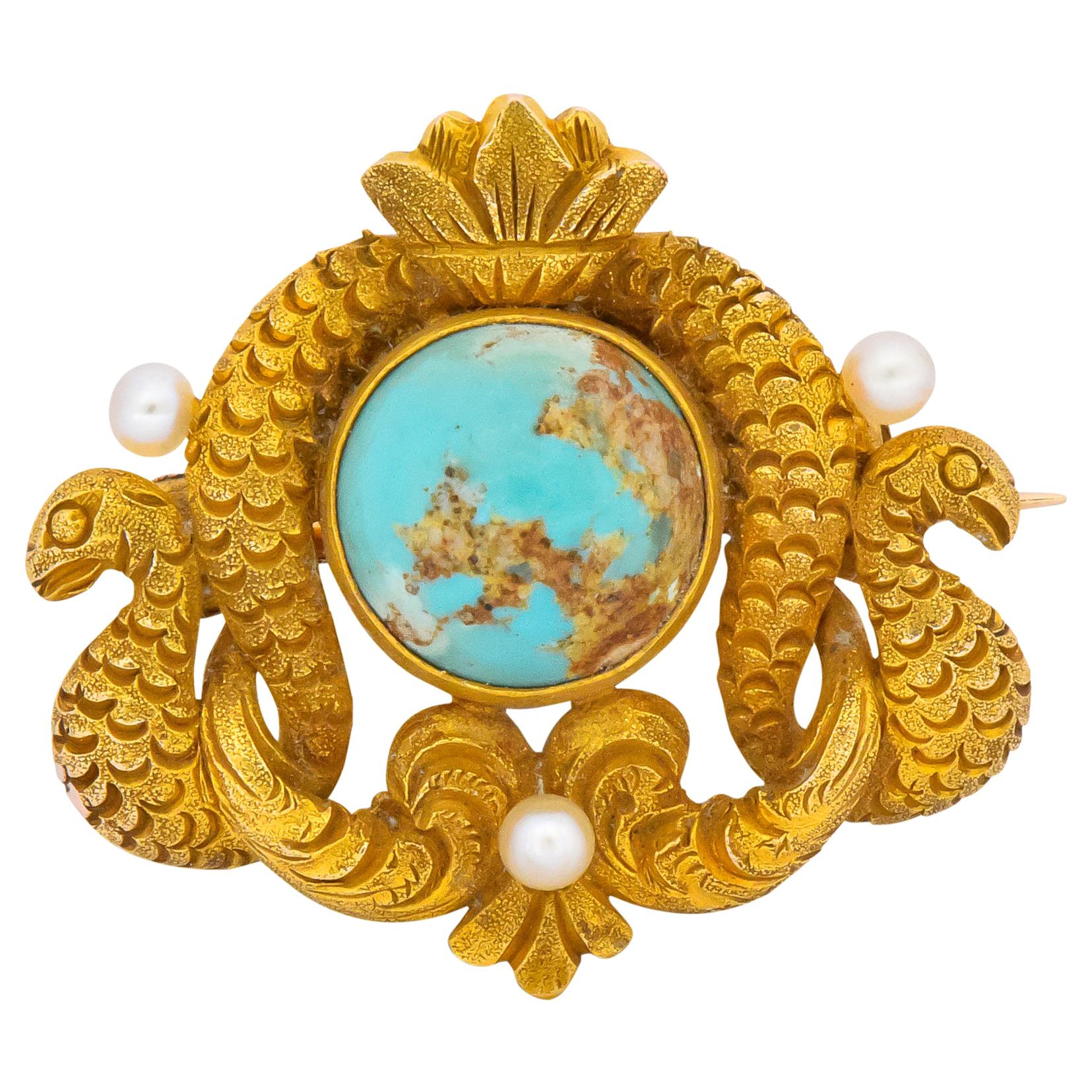 Thomas F. Brogan & Co. Victorian Turquoise Pearl 14 Karat Gold Serpent Brooch