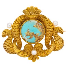 Antique Thomas F. Brogan & Co. Victorian Turquoise Pearl 14 Karat Gold Serpent Brooch