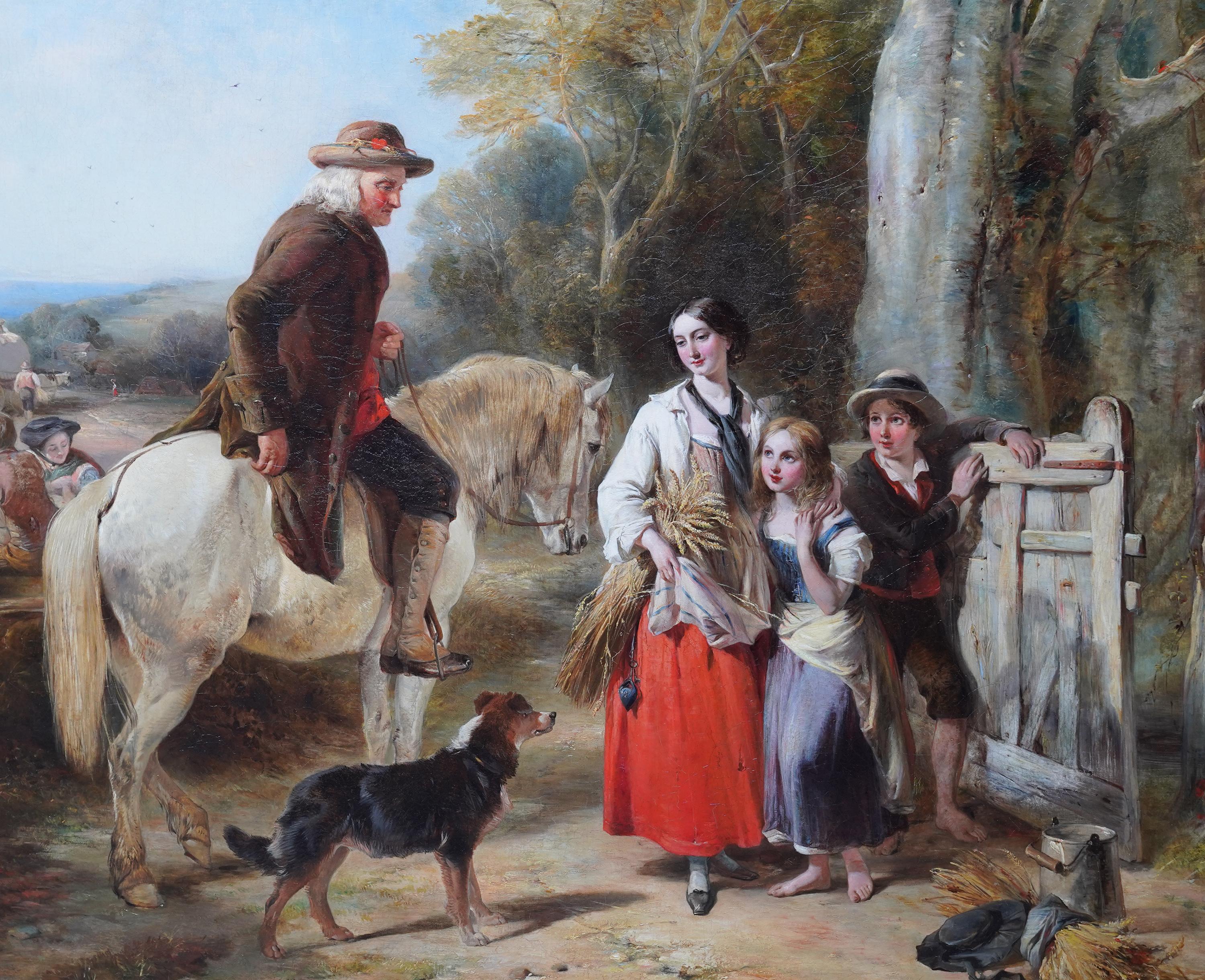This superb large exhibited British Victorian oil painting is by noted artist Thomas Falcon Marshall. Painted in 1849 it was exhibited at the Royal Academy London that year. This large painting depicts a father on his white horse saying goodbye to