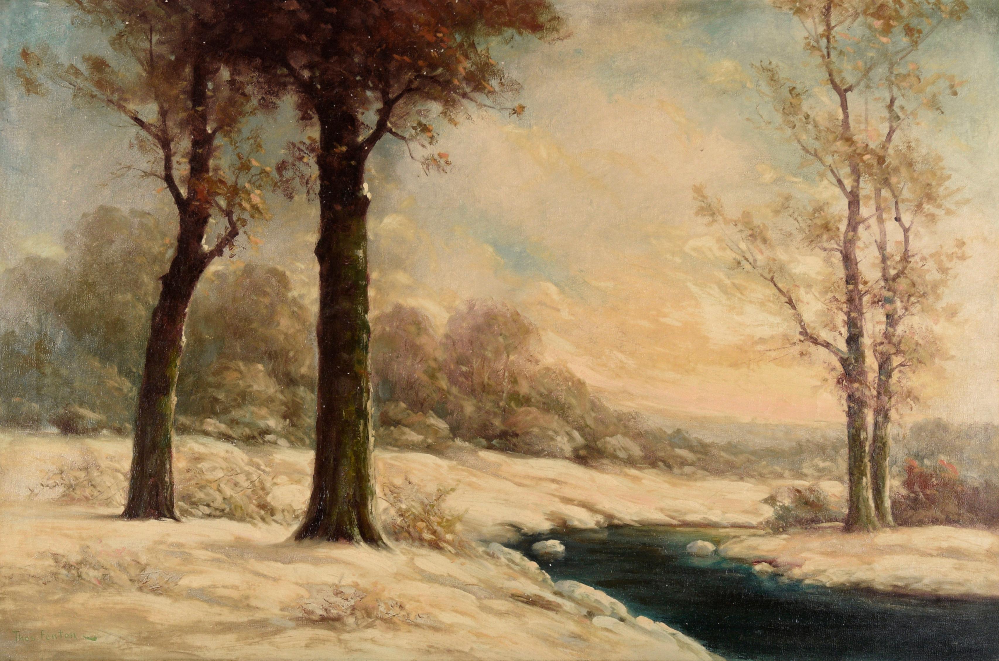 « Une soirée d'hiver » au nord-ouest des États-Unis, Neige et ruisseau - Huile sur lin en vente 6