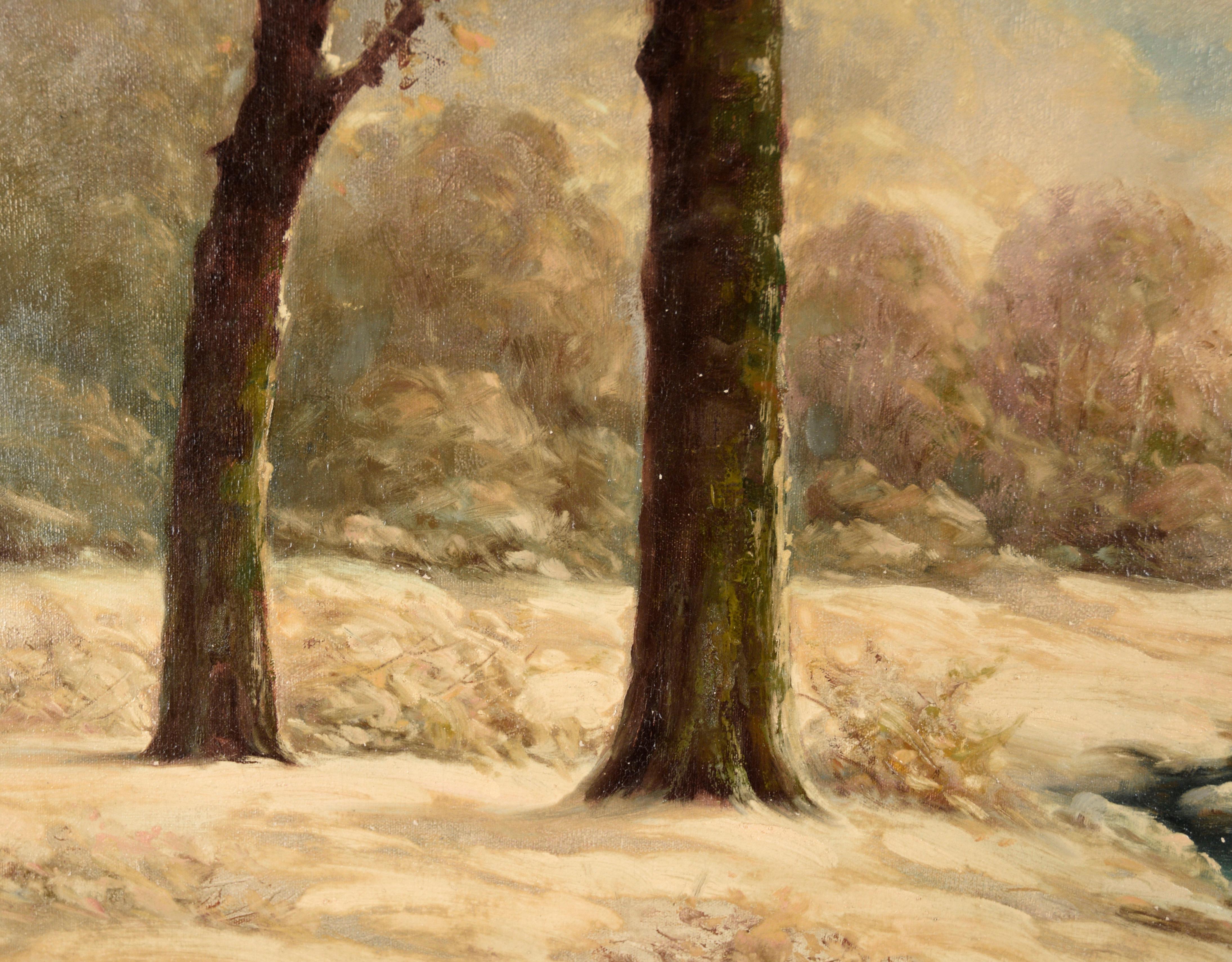 « Une soirée d'hiver » au nord-ouest des États-Unis, Neige et ruisseau - Huile sur lin - Impressionnisme américain Painting par Thomas Fenton