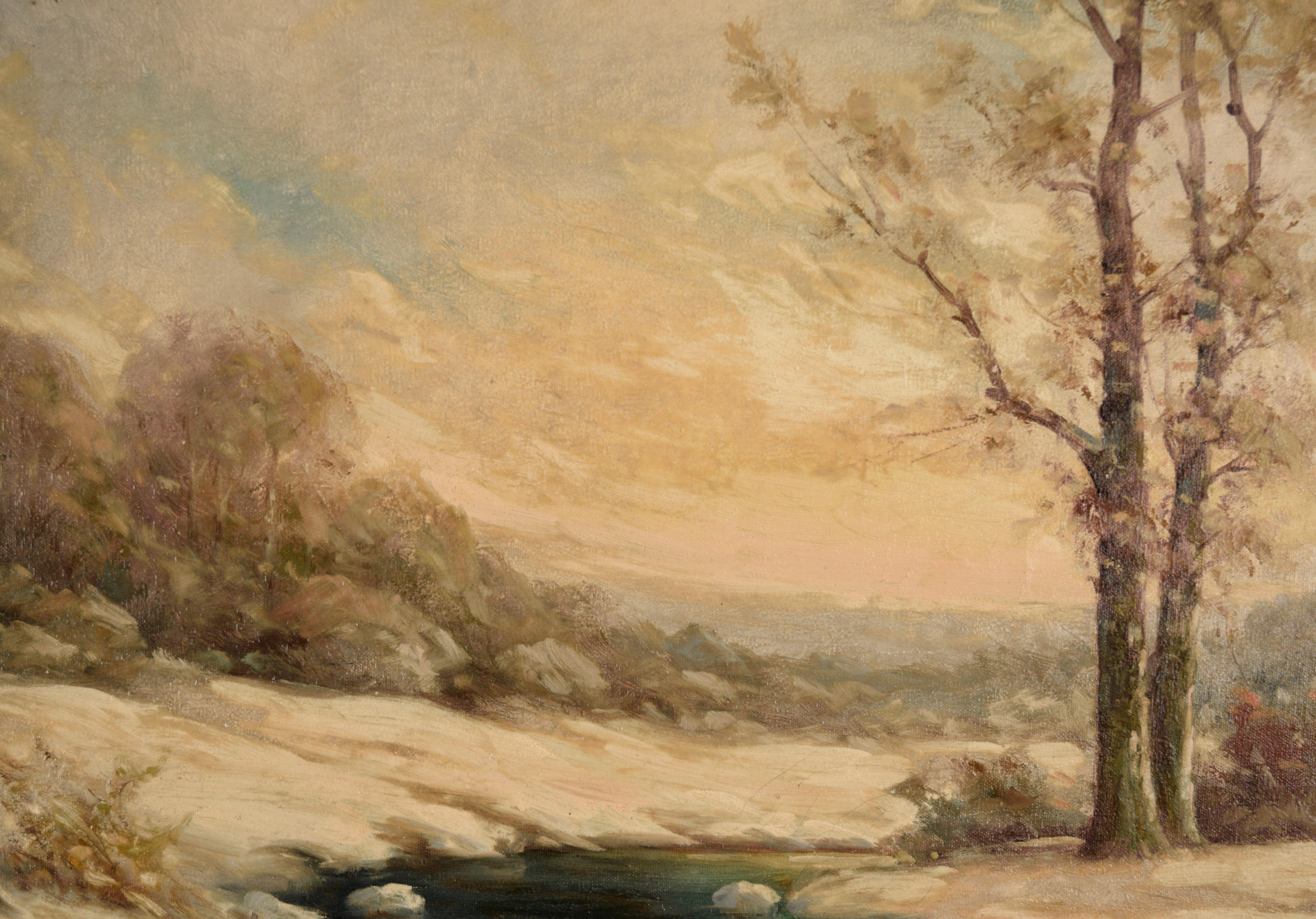 « Une soirée d'hiver » au nord-ouest des États-Unis, Neige et ruisseau - Huile sur lin - Marron Landscape Painting par Thomas Fenton