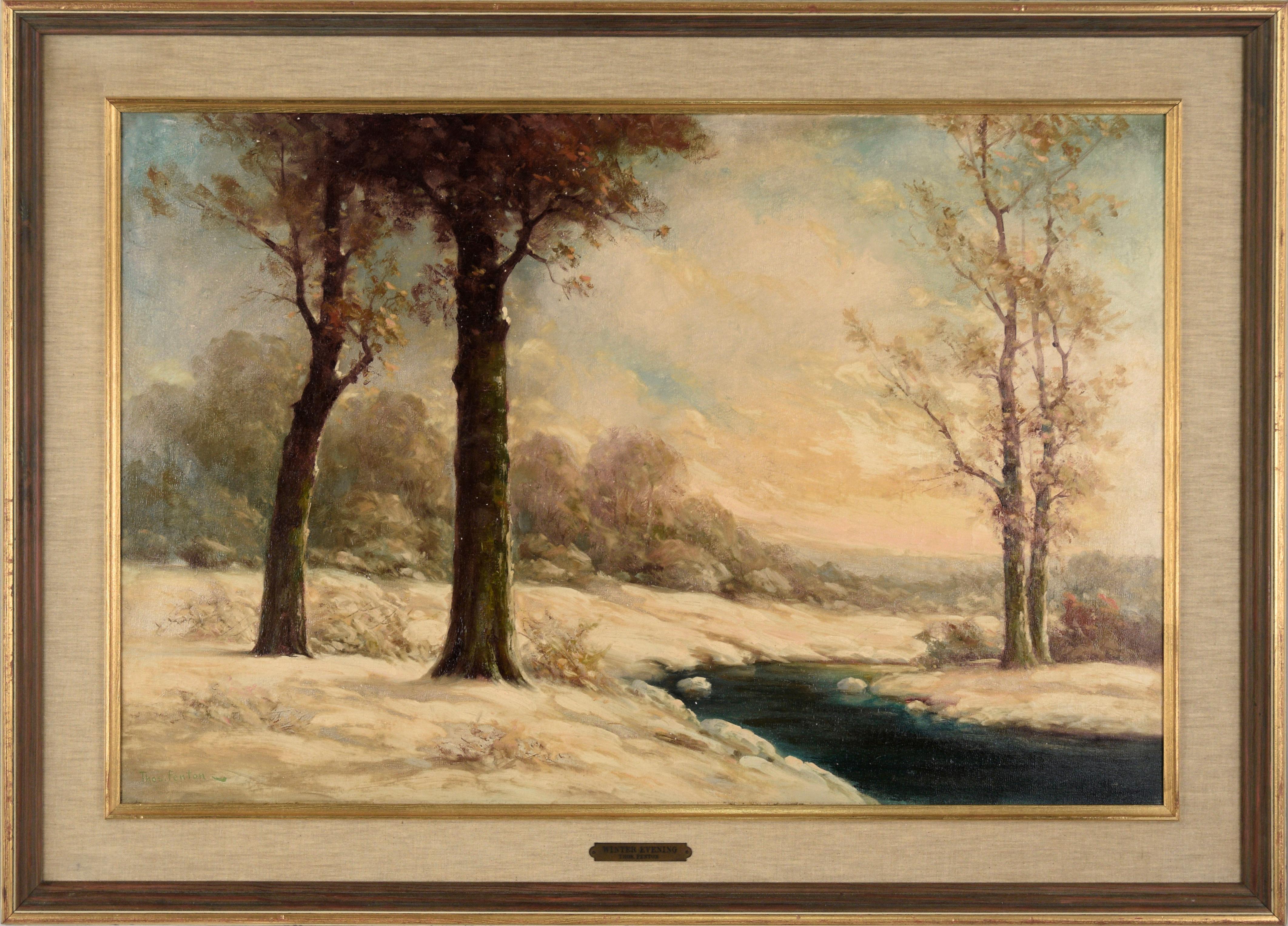Landscape Painting Thomas Fenton - « Une soirée d'hiver » au nord-ouest des États-Unis, Neige et ruisseau - Huile sur lin