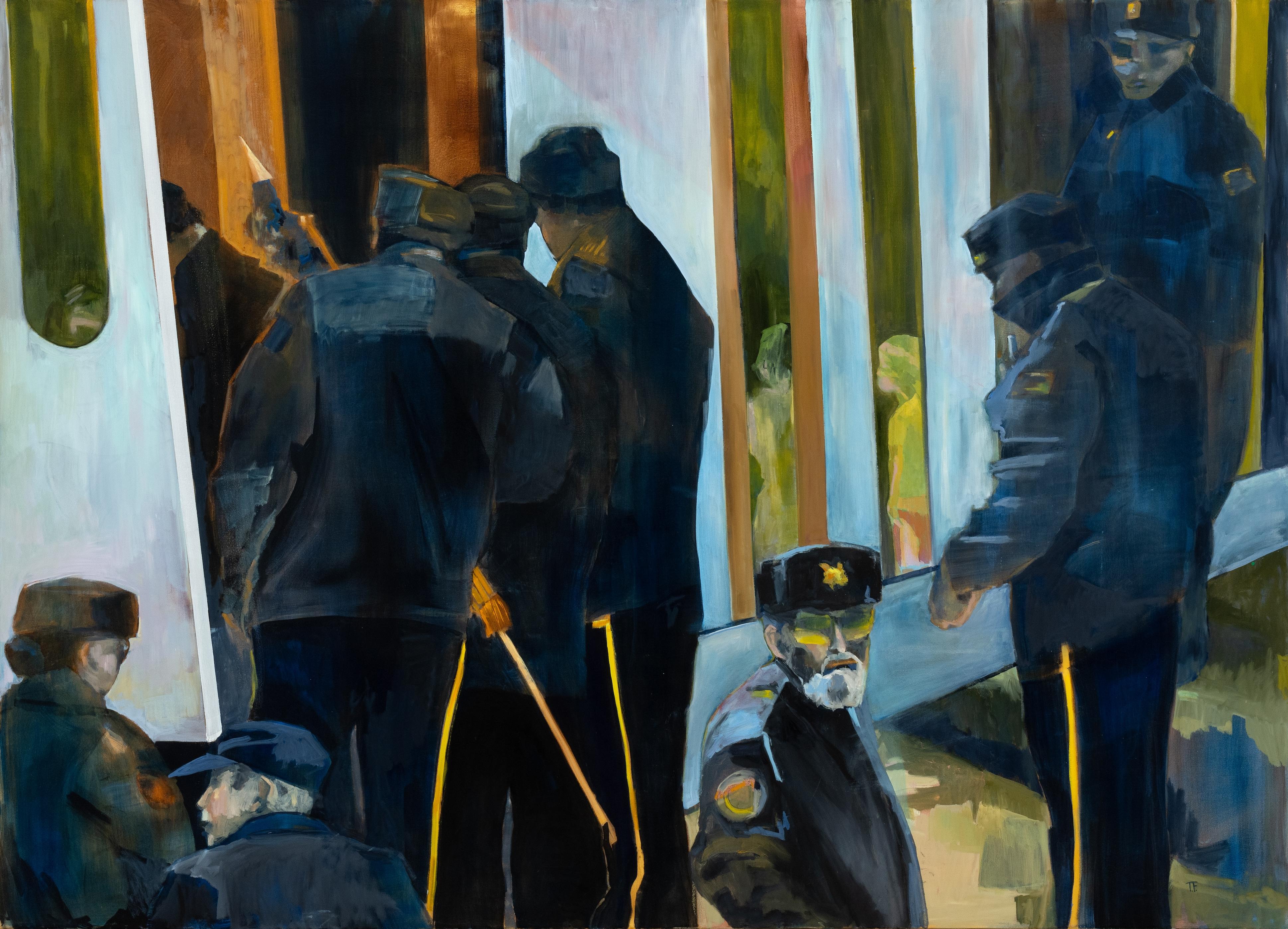 Figurative Painting di Thomas Ferraro - Ragazzi della pattuglia - Pittura a olio con storia figurativa contemporanea