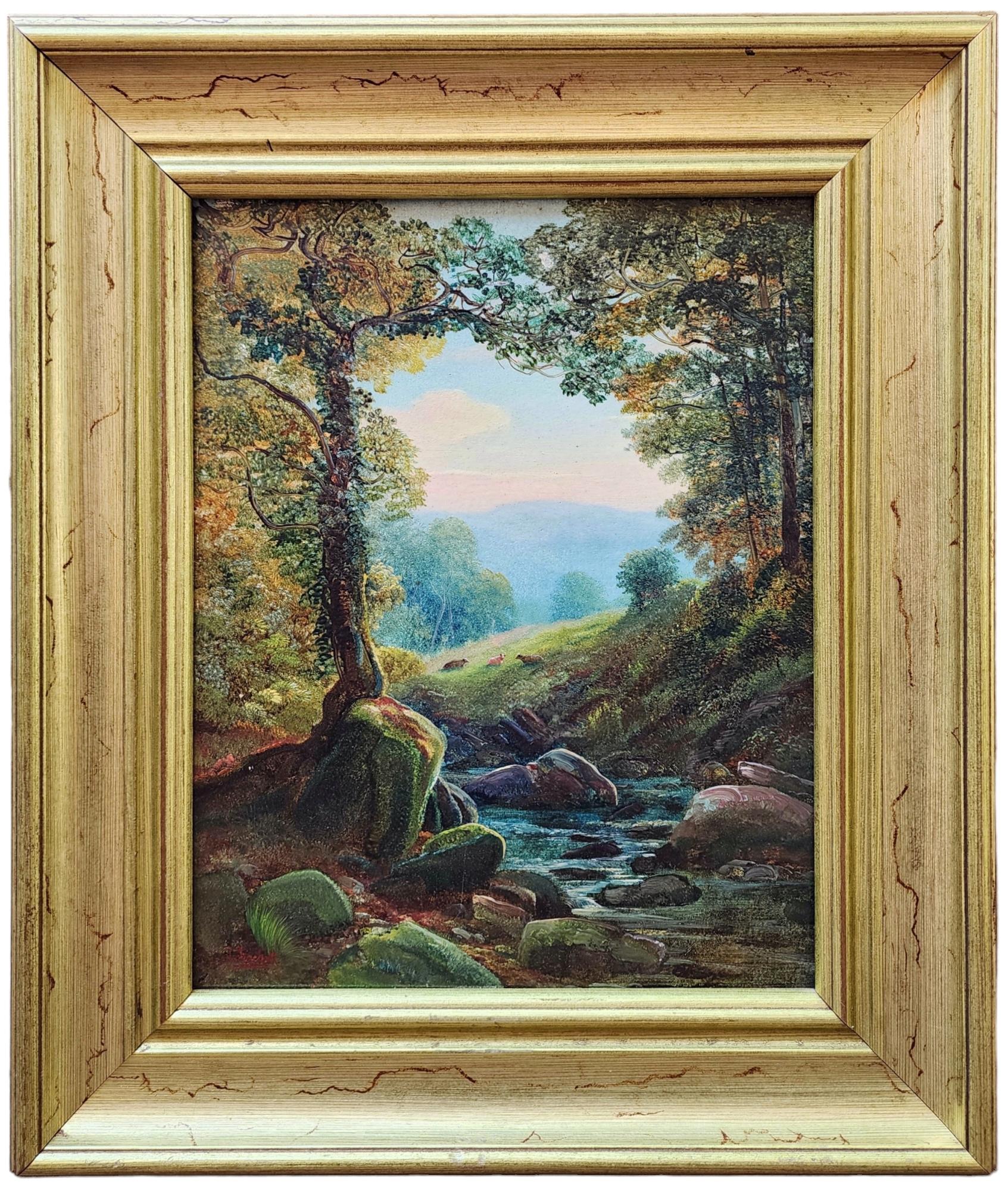 Sul fiume Dyffeyn Aur - vicino a Llanrwst, Galles del Nord, Paesaggio gallese, Mucche - Painting di Thomas Finchett