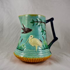 Thomas Forester English Aesthetic Majolica Bird and Crane in Pond Pitcher