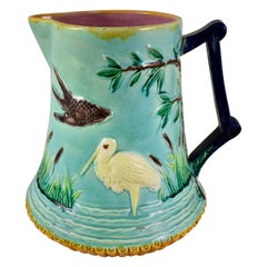 Thomas Forester English Aesthetic Majolica Bird and Crane in Pond Pitcher